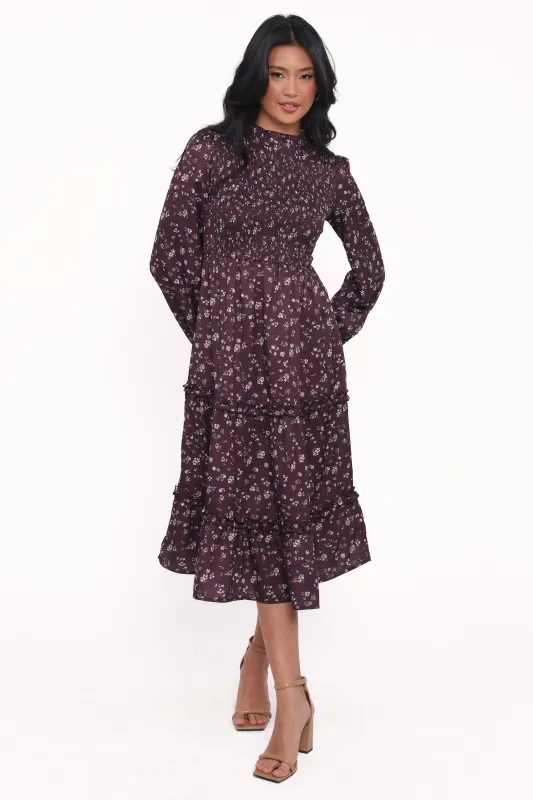 Edwina Shirred Frill Long Sleeve Midi Dress - Plum Floral sold by Petal & Pup