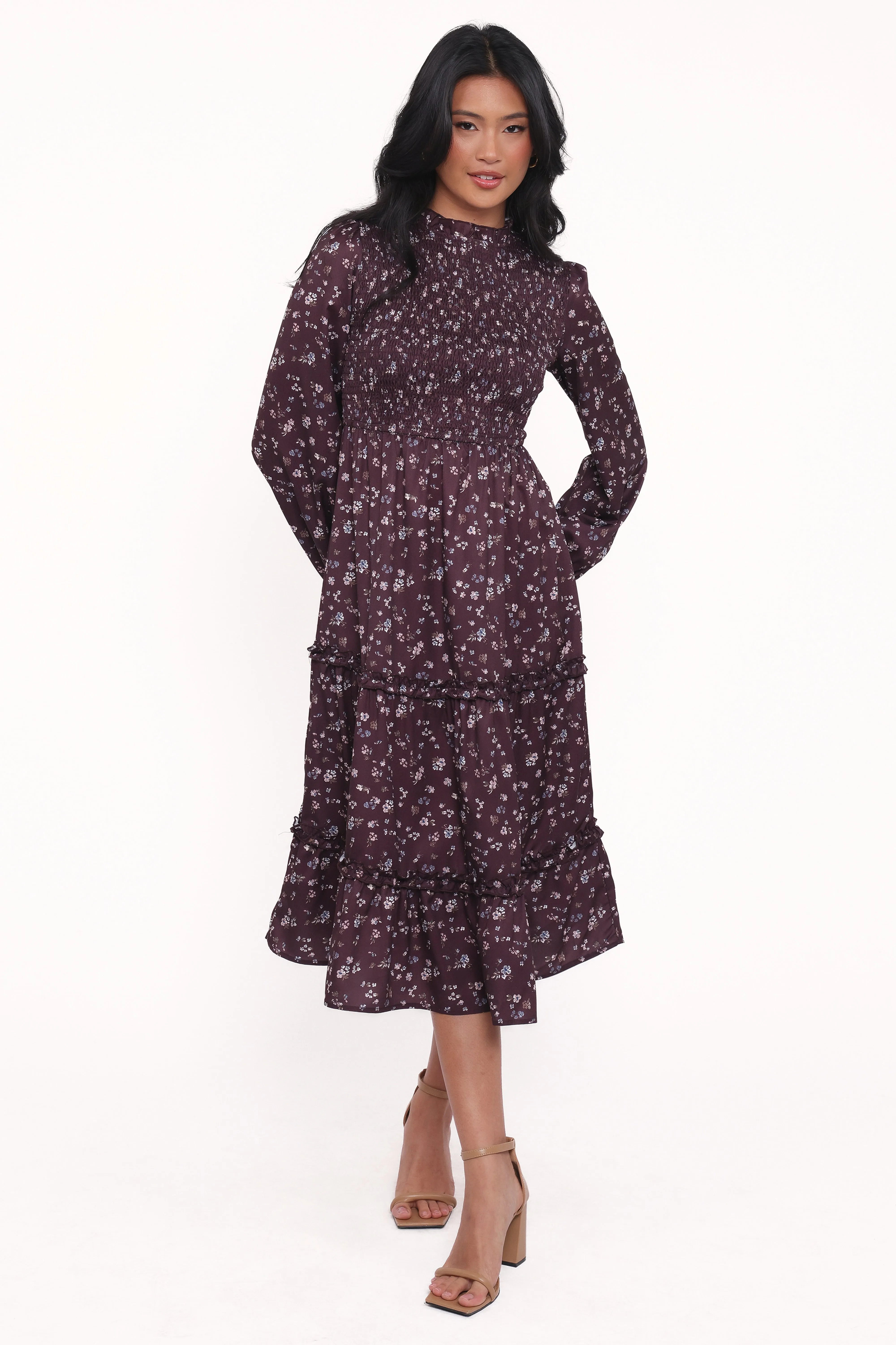 Edwina Shirred Frill Long Sleeve Midi Dress - Plum Floral sold by Petal & Pup