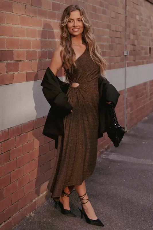 Emma One Shoulder Midi Dress - Vintage Gold sold by Petal & Pup