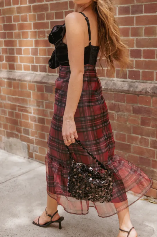 Amelie Bow Front One Shoulder Midi Dress - Red Plaid sold by Petal & Pup