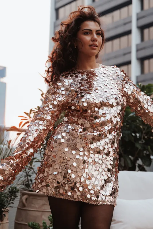 Electra Long Sleeve Mini Dress - Gold sold by Petal & Pup