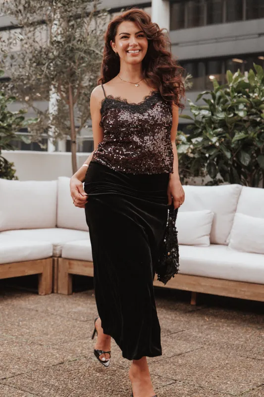 Pixie Lace And Sequins Cami - Burgundy sold by Petal & Pup