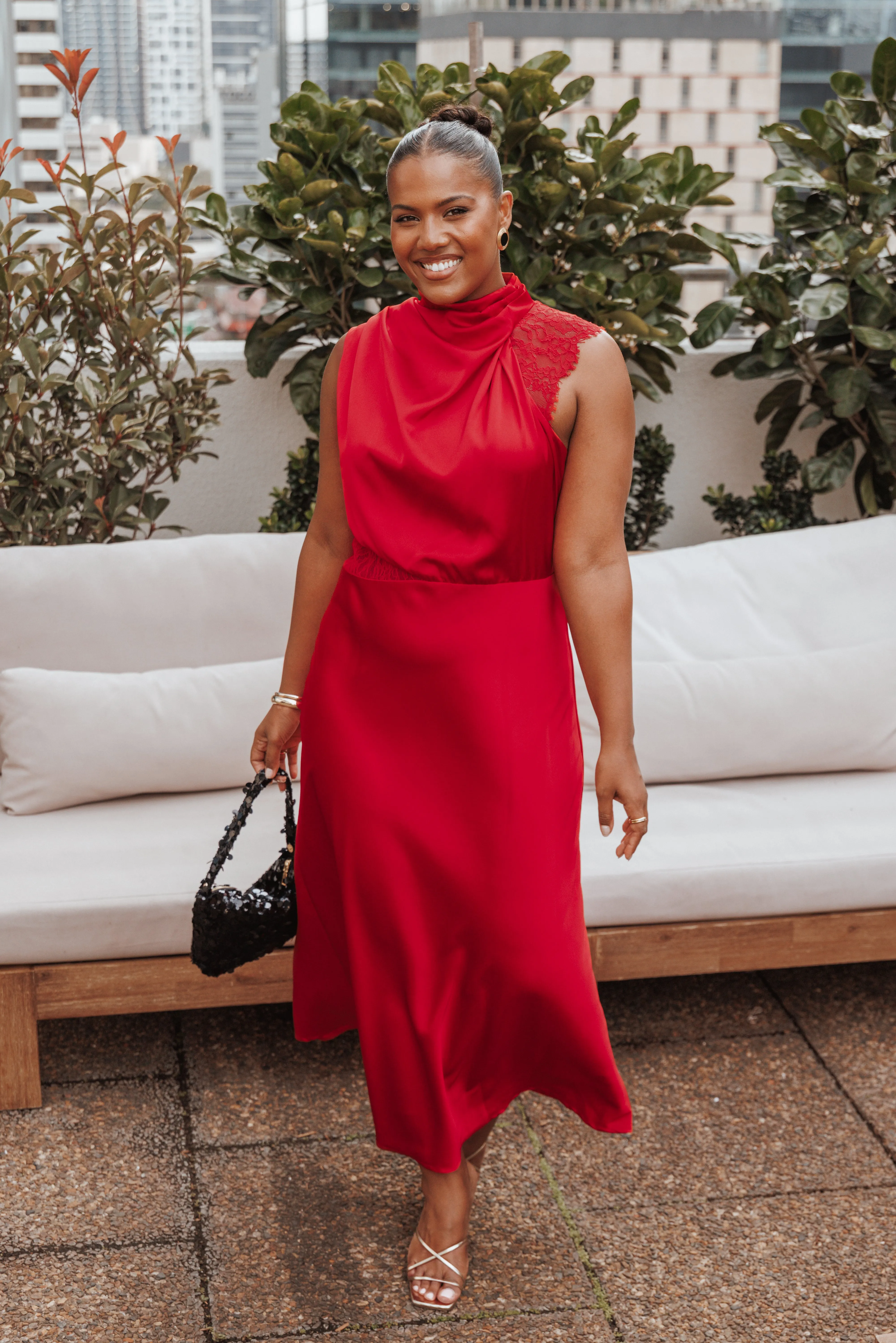 Anabelle Halter Neck Lace Maxi Dress - Red sold by Petal & Pup