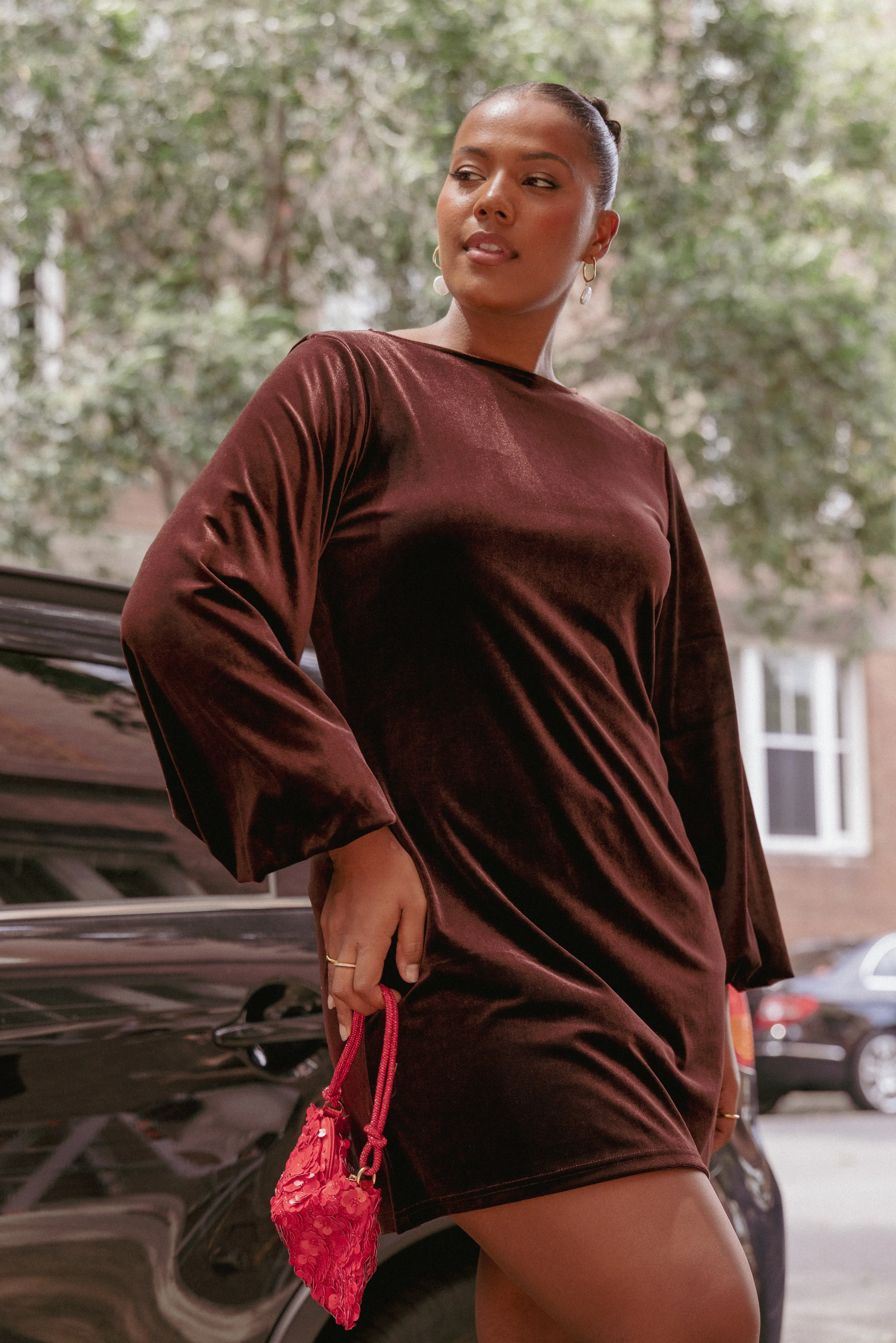 Twylar Long Sleeve Velvet Mini Dress - Brown sold by Petal & Pup