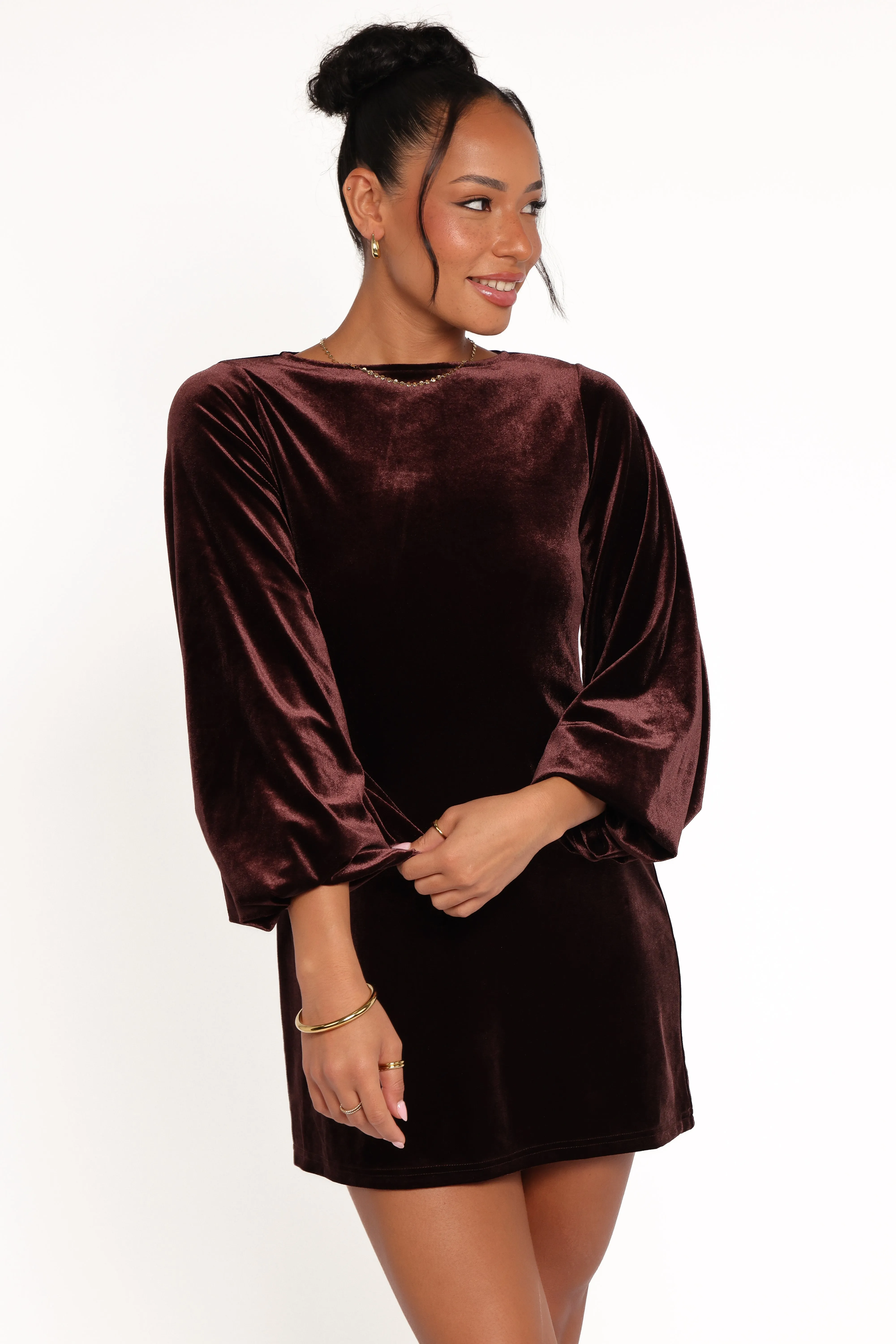 Twylar Long Sleeve Velvet Mini Dress - Brown sold by Petal & Pup product image thumbnail 2
