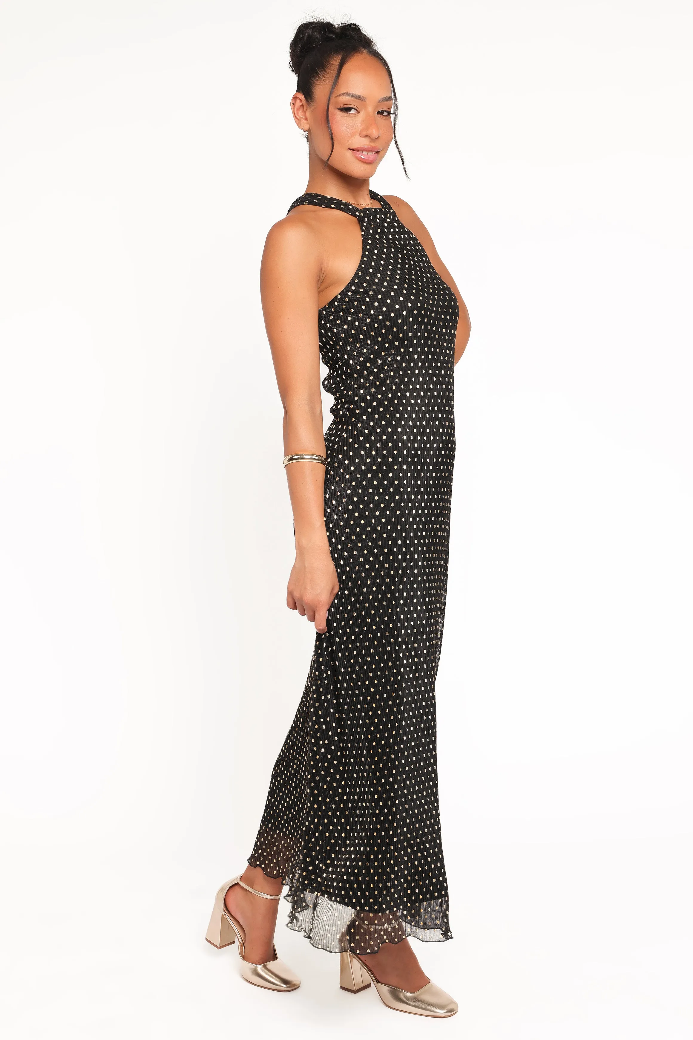 Melody Plisse Halter Maxi Dress - Black/Gold Polka Dot sold by Petal & Pup product image thumbnail 4