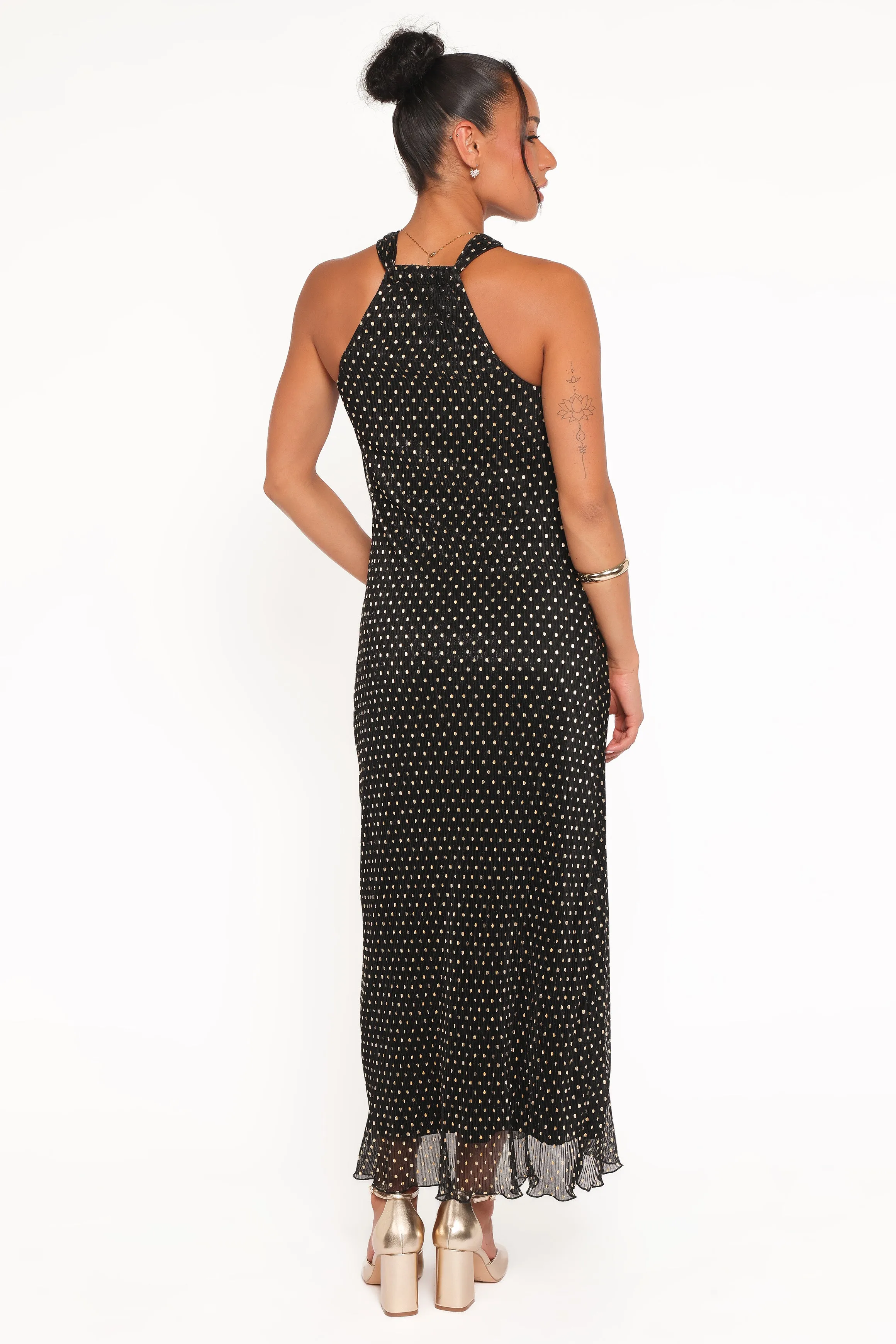 Melody Plisse Halter Maxi Dress - Black/Gold Polka Dot sold by Petal & Pup product image thumbnail 5