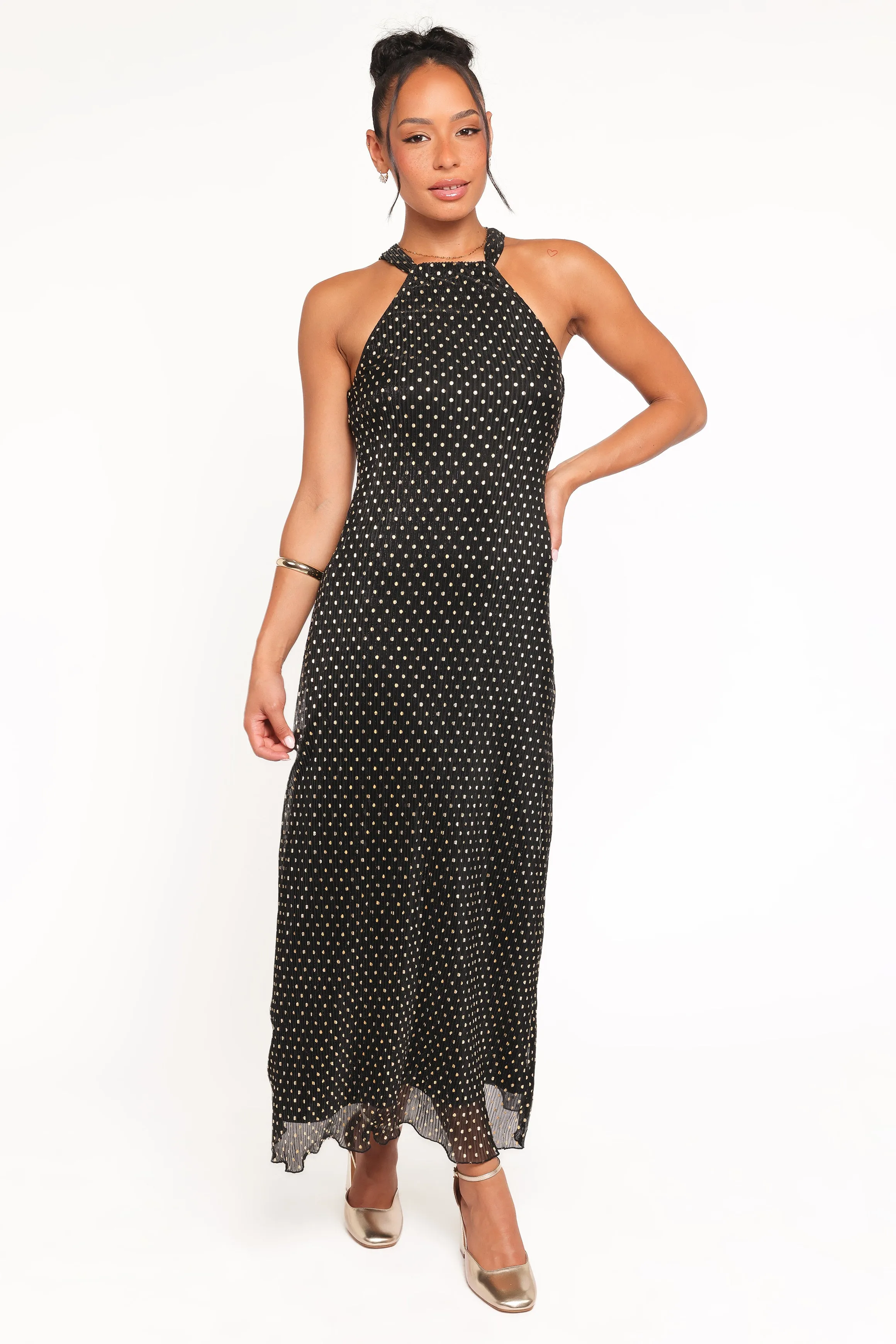 Melody Plisse Halter Maxi Dress - Black/Gold Polka Dot sold by Petal & Pup product image thumbnail 2
