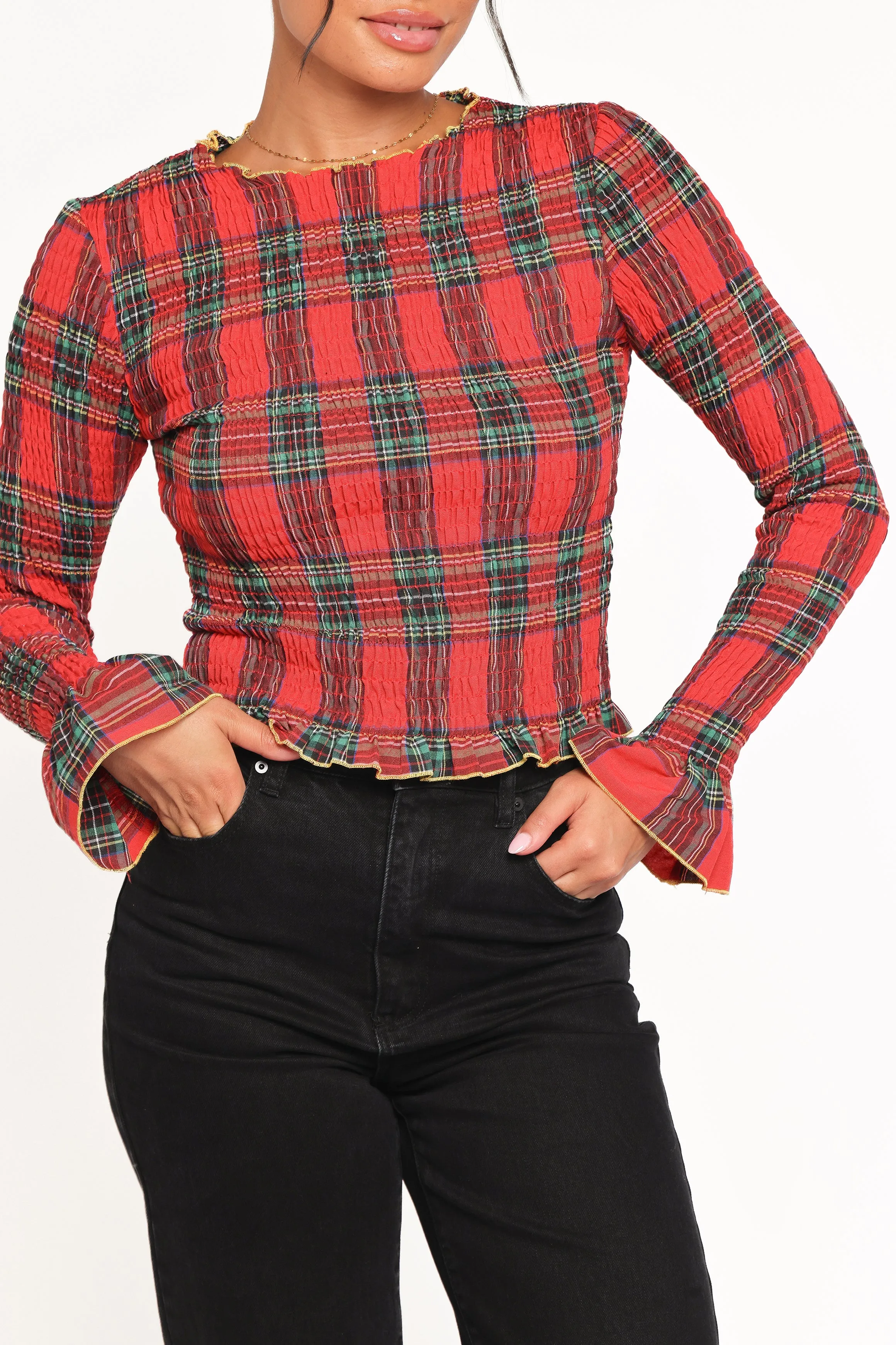 Lillee Ruched Top - Red Plaid sold by Petal & Pup product image thumbnail 3