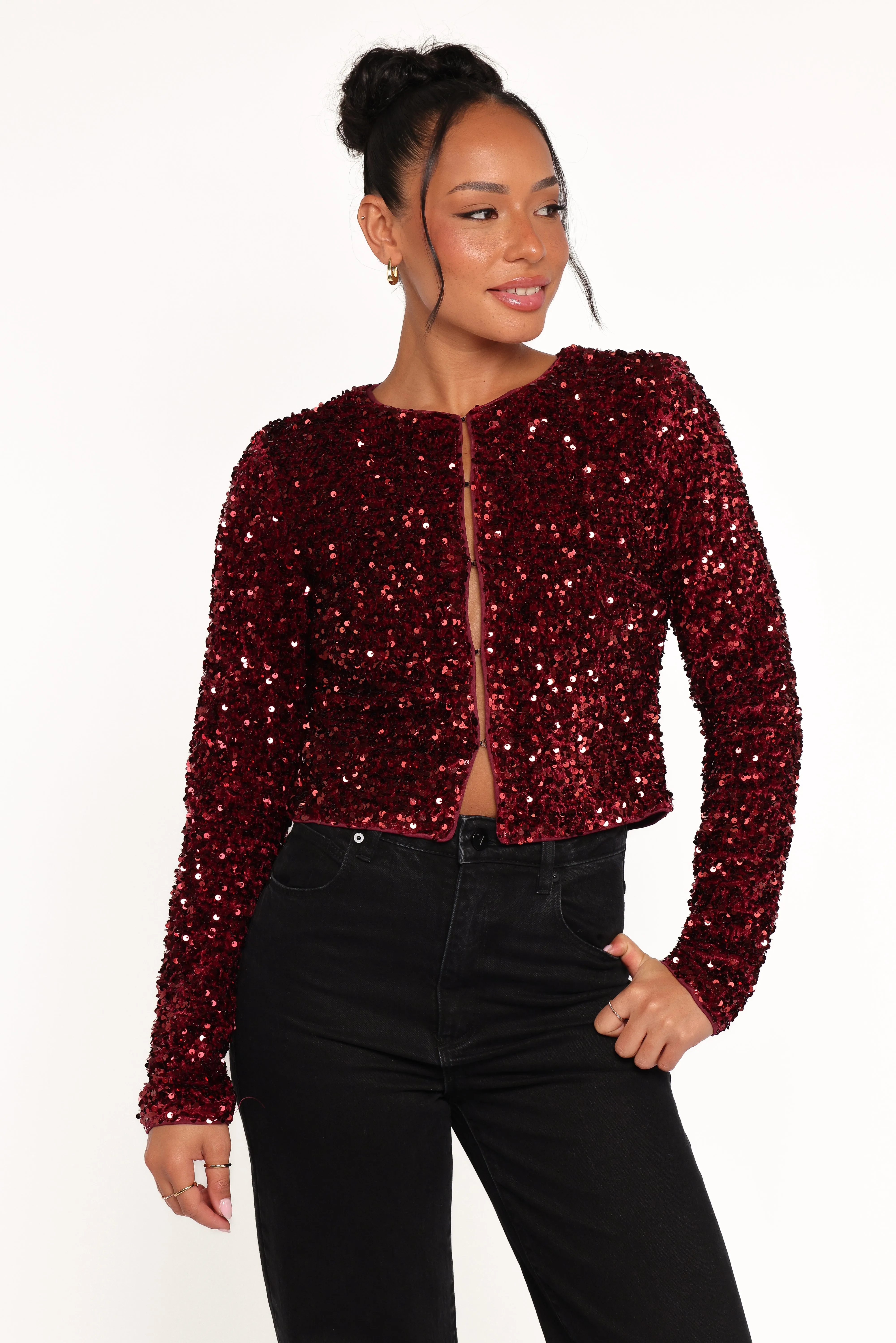 Scarlette Cropped Jacket - Burgundy Sequin sold by Petal & Pup product image thumbnail 2