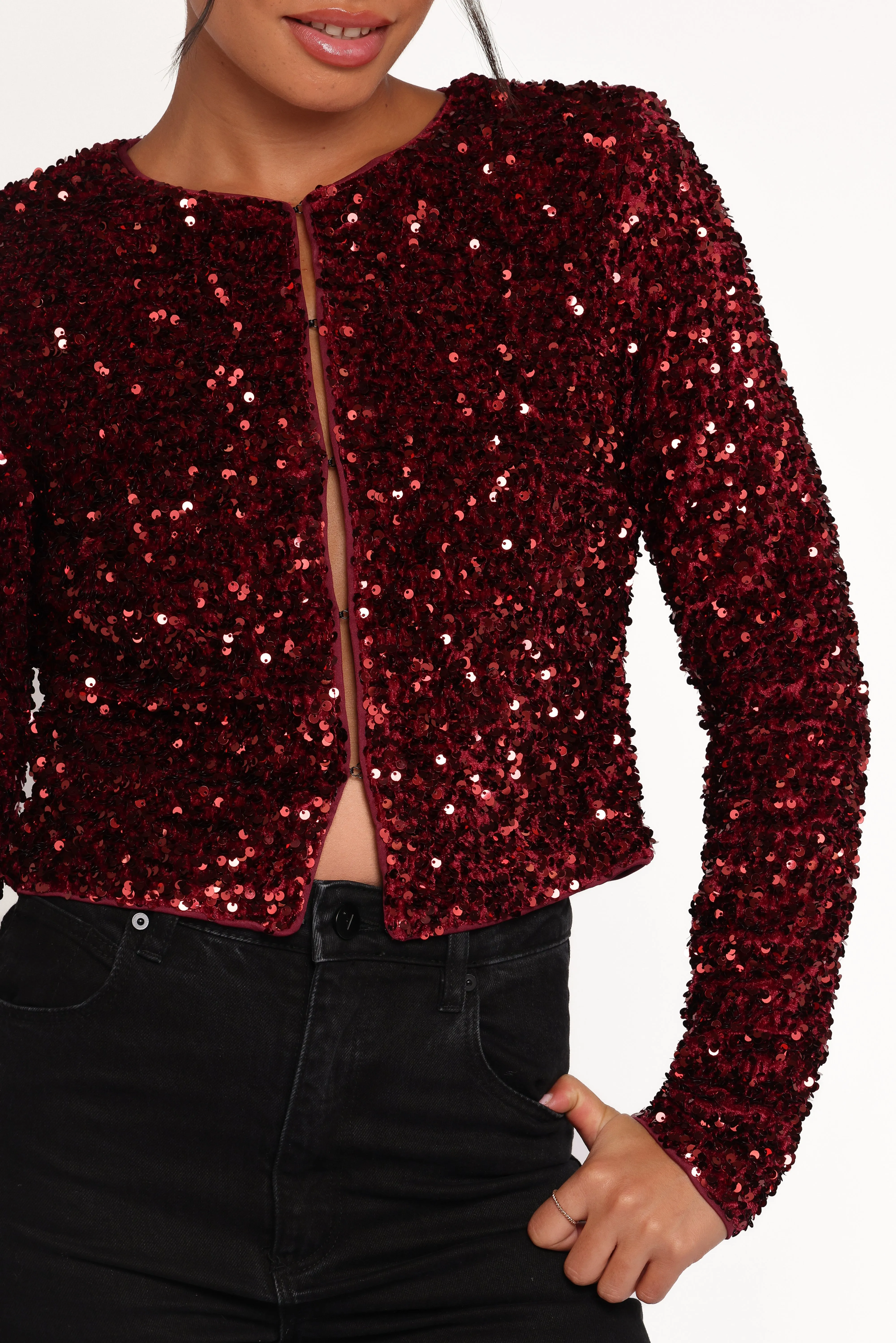 Scarlette Cropped Jacket - Burgundy Sequin sold by Petal & Pup product image thumbnail 3