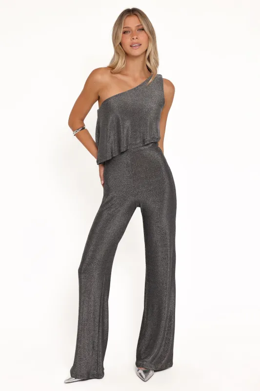 Anna One Shoulder Lurex Jumpsuit - Black Silver sold by Petal & Pup