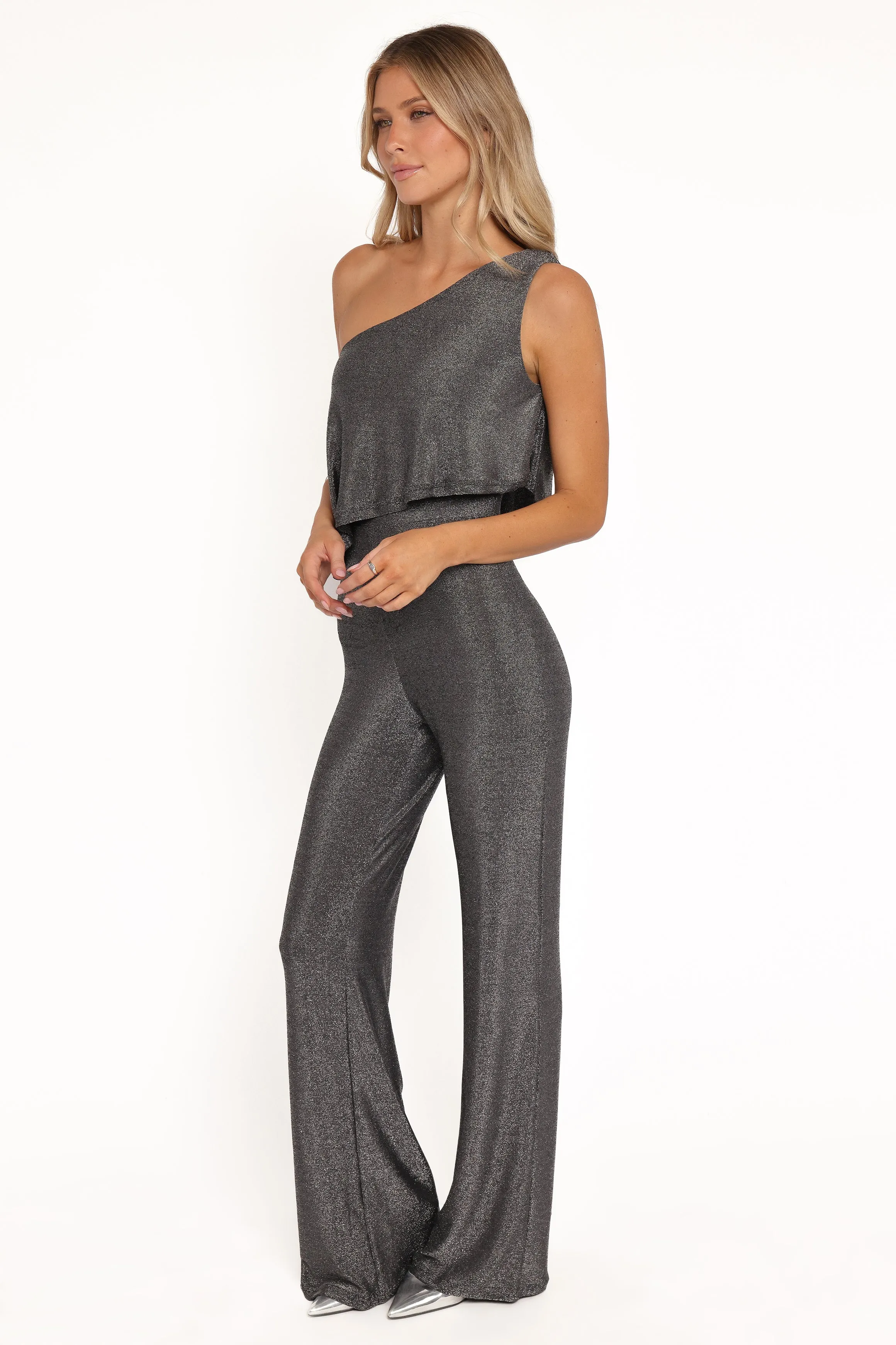 Anna One Shoulder Lurex Jumpsuit - Black Silver sold by Petal & Pup product image thumbnail 3