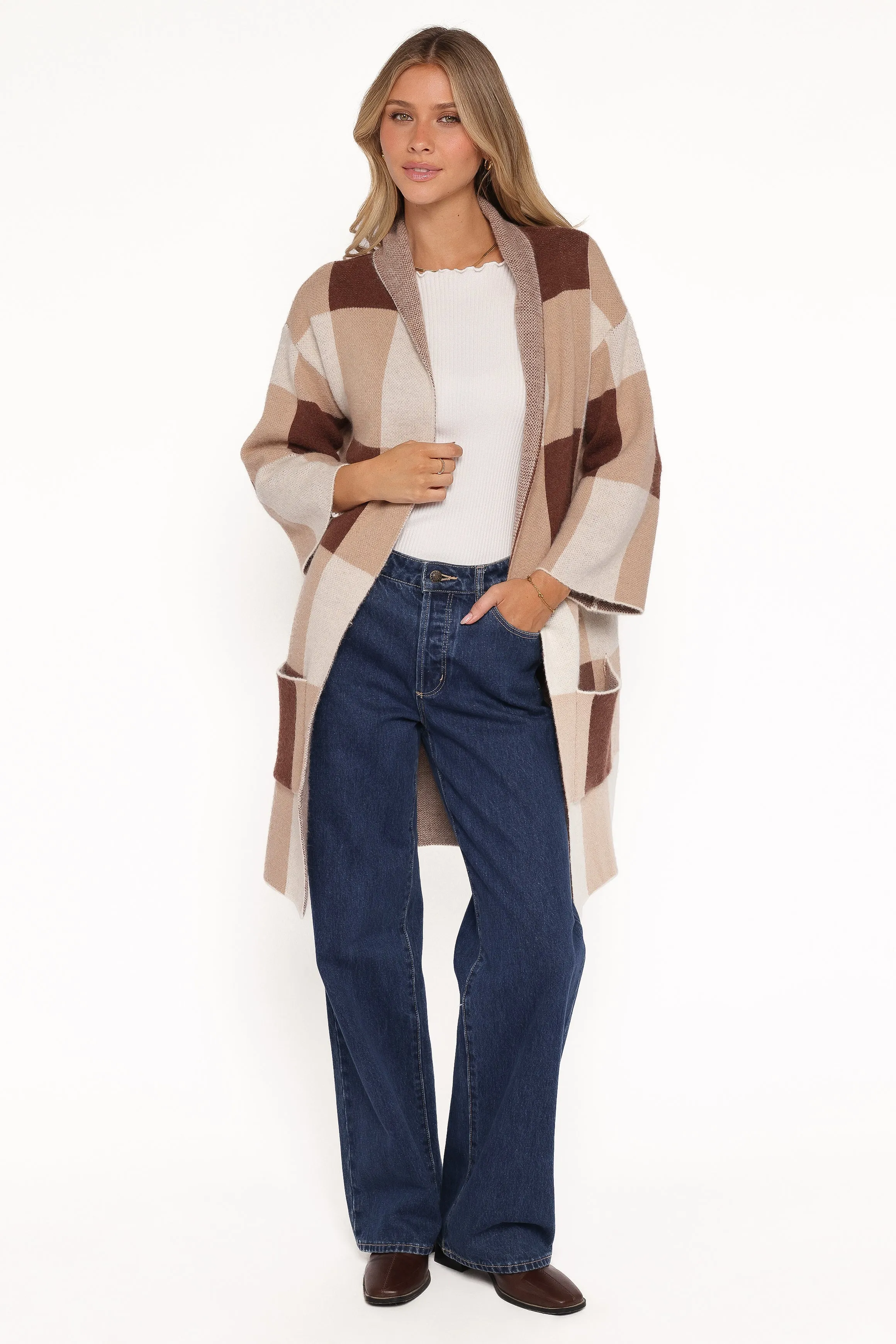 Ecoya Long Cardigan - Brown Plaid sold by Petal & Pup