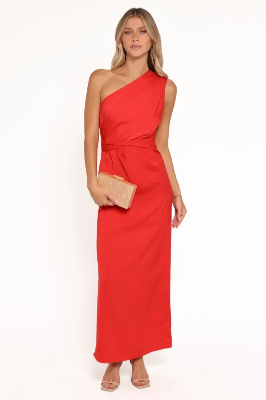 Nadia One Shoulder Maxi Dress - Red Jacquard Satin sold by Petal & Pup