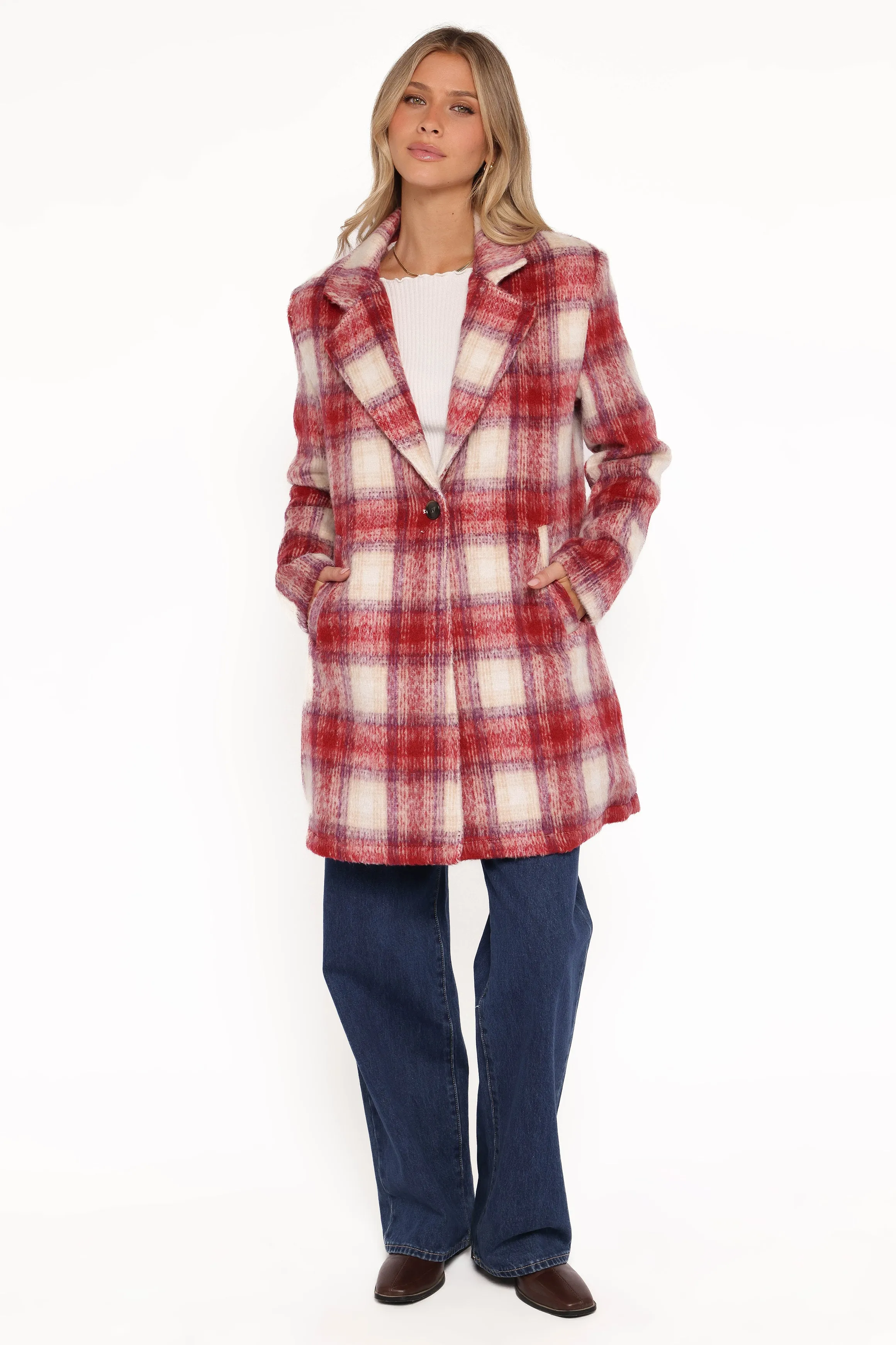 Travistine Long Plaid Coat - Pink sold by Petal & Pup
