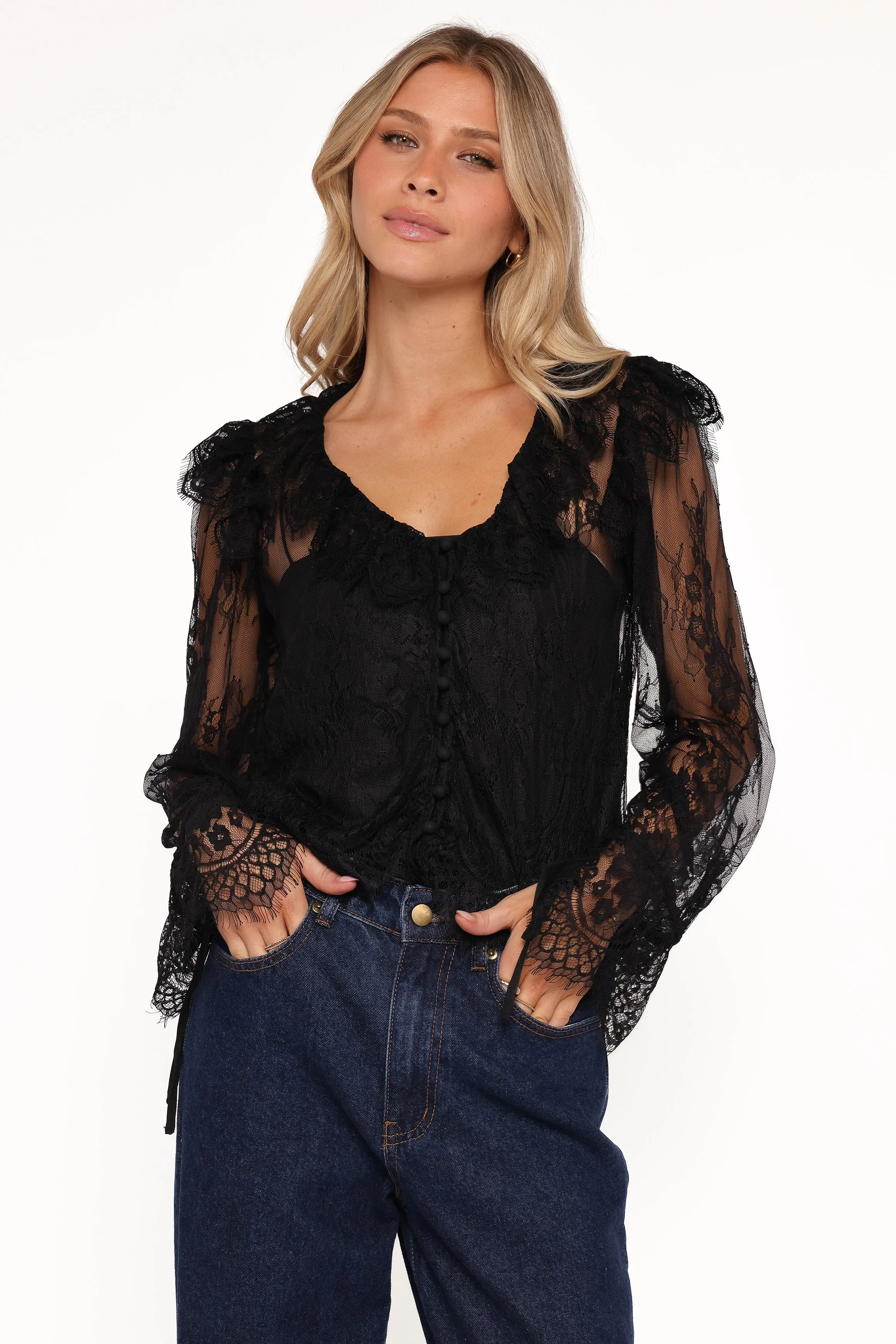 Yeva Lace Button Up Blouse - Black sold by Petal & Pup
