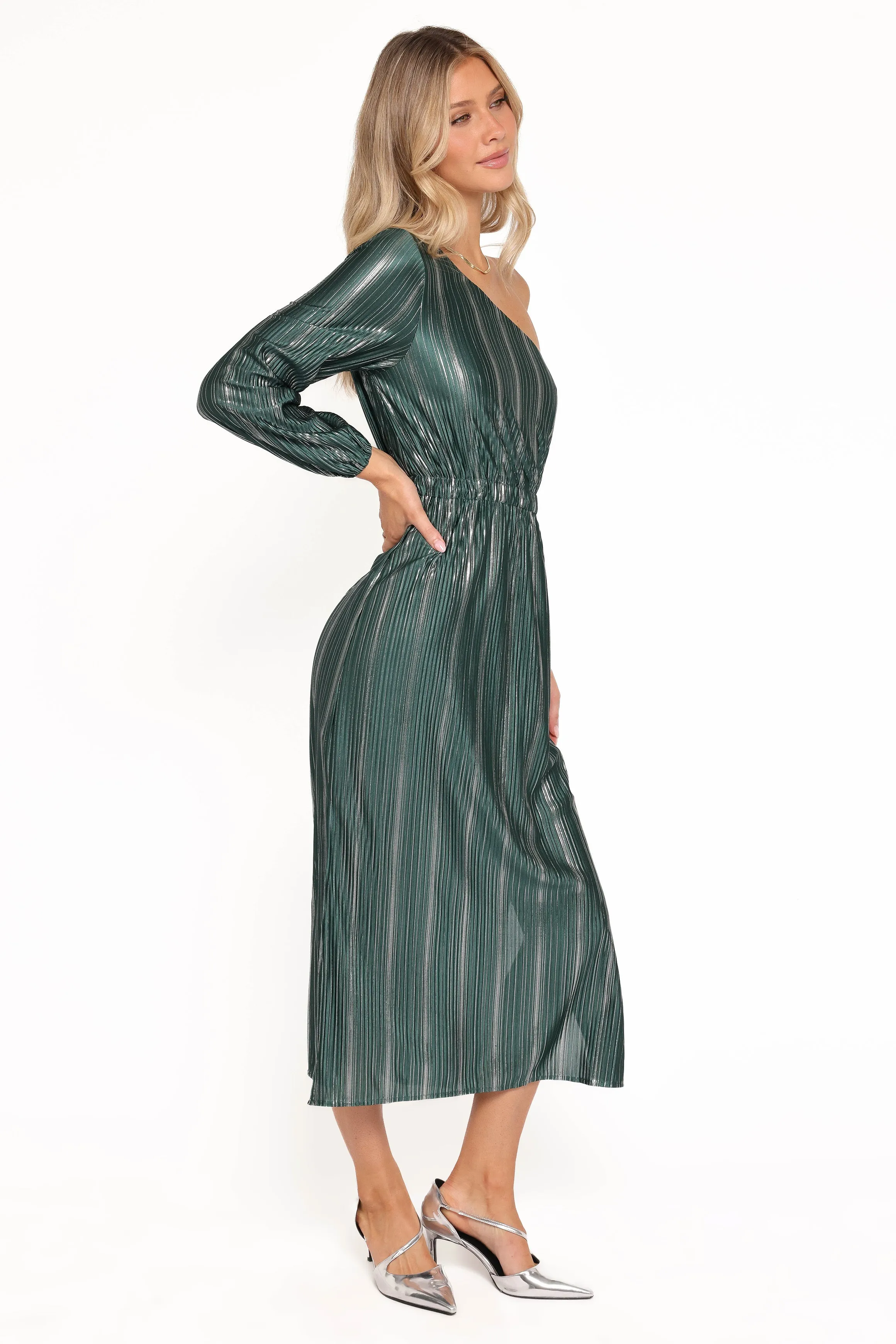 Pontee One Shoulder Pleated Midi Dress - Green sold by Petal & Pup product image thumbnail 3