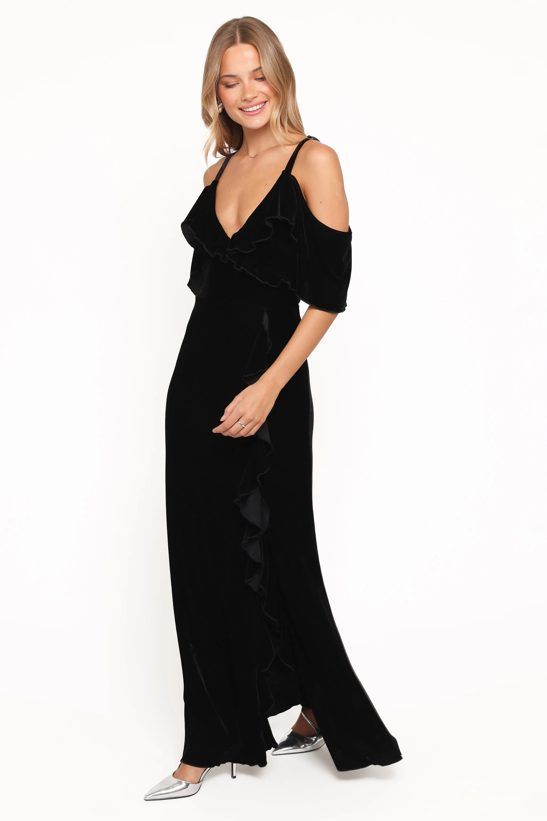Micah Off Shoulder Velvet Maxi Dress - Black sold by Petal & Pup product image thumbnail 3