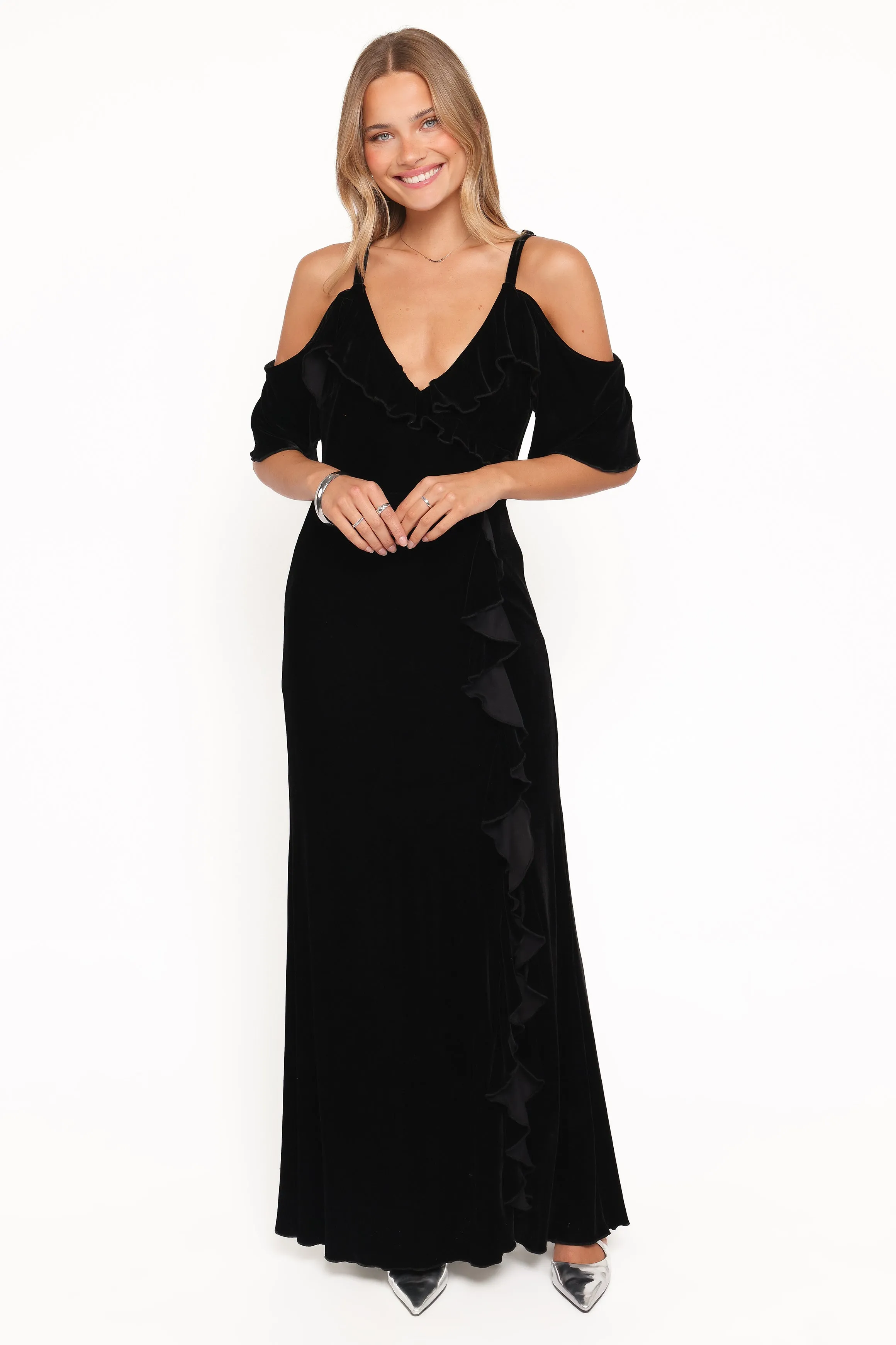 Micah Off Shoulder Velvet Maxi Dress - Black sold by Petal & Pup