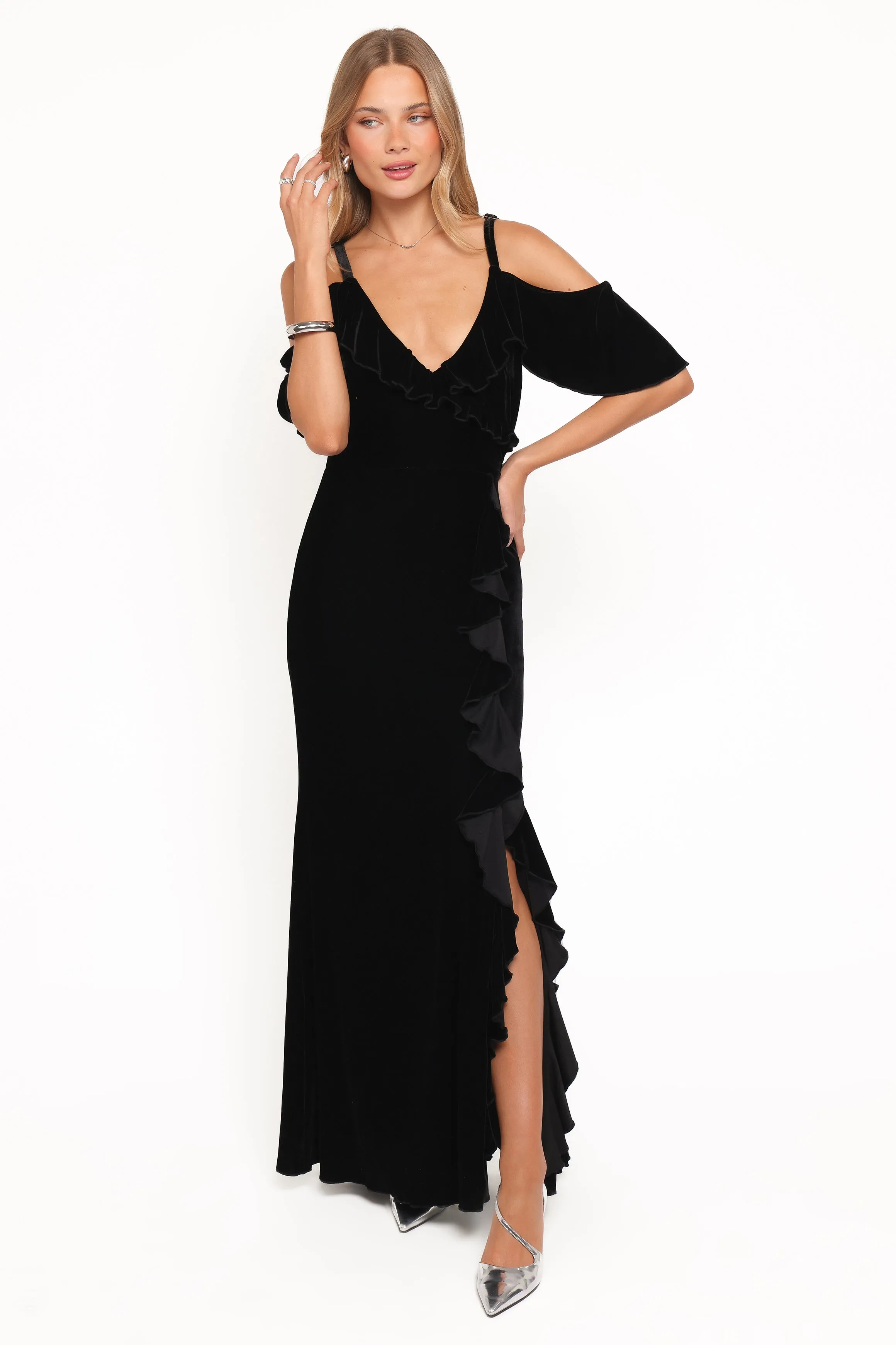 Micah Off Shoulder Velvet Maxi Dress - Black sold by Petal & Pup product image thumbnail 5