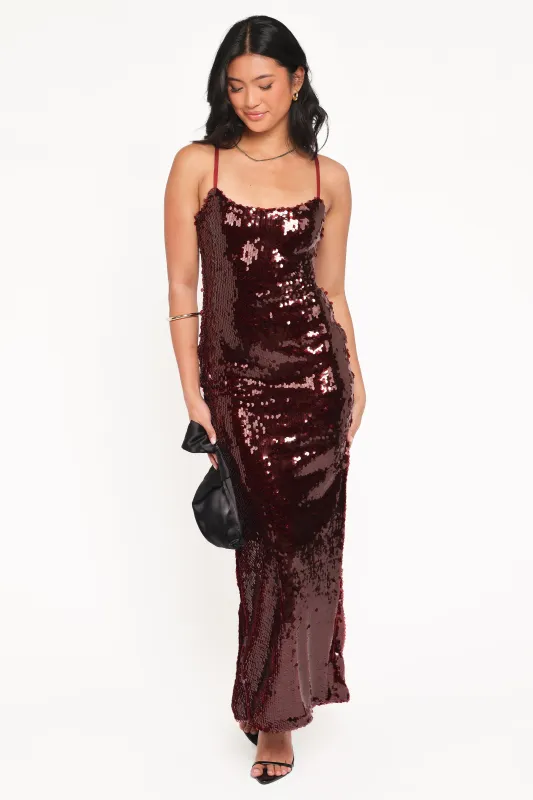 Orlena Sequin Midi Dress - Burgundy made by Petal & Pup