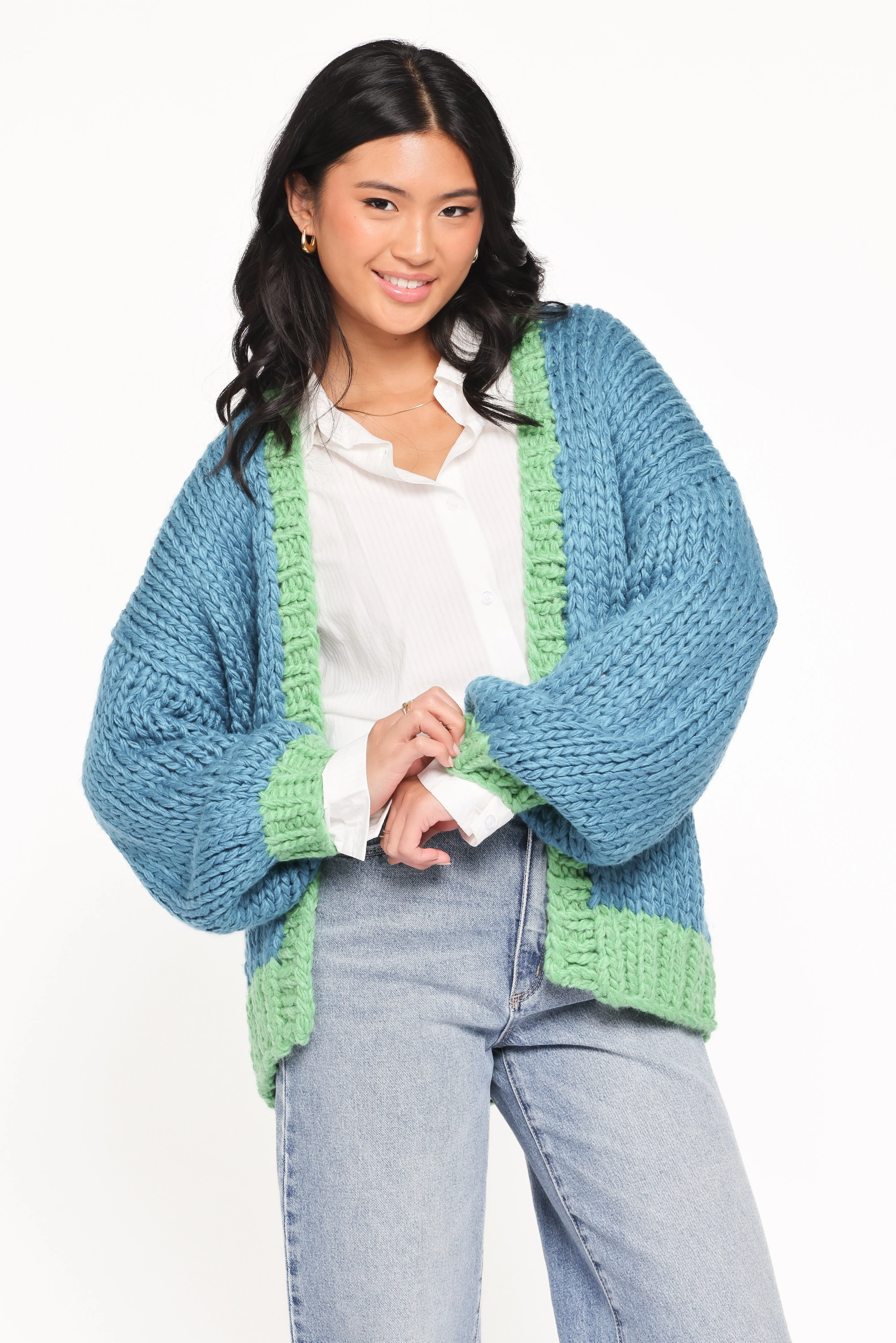Anige Contrast Trim Cardigan - Blue/Green sold by Petal & Pup