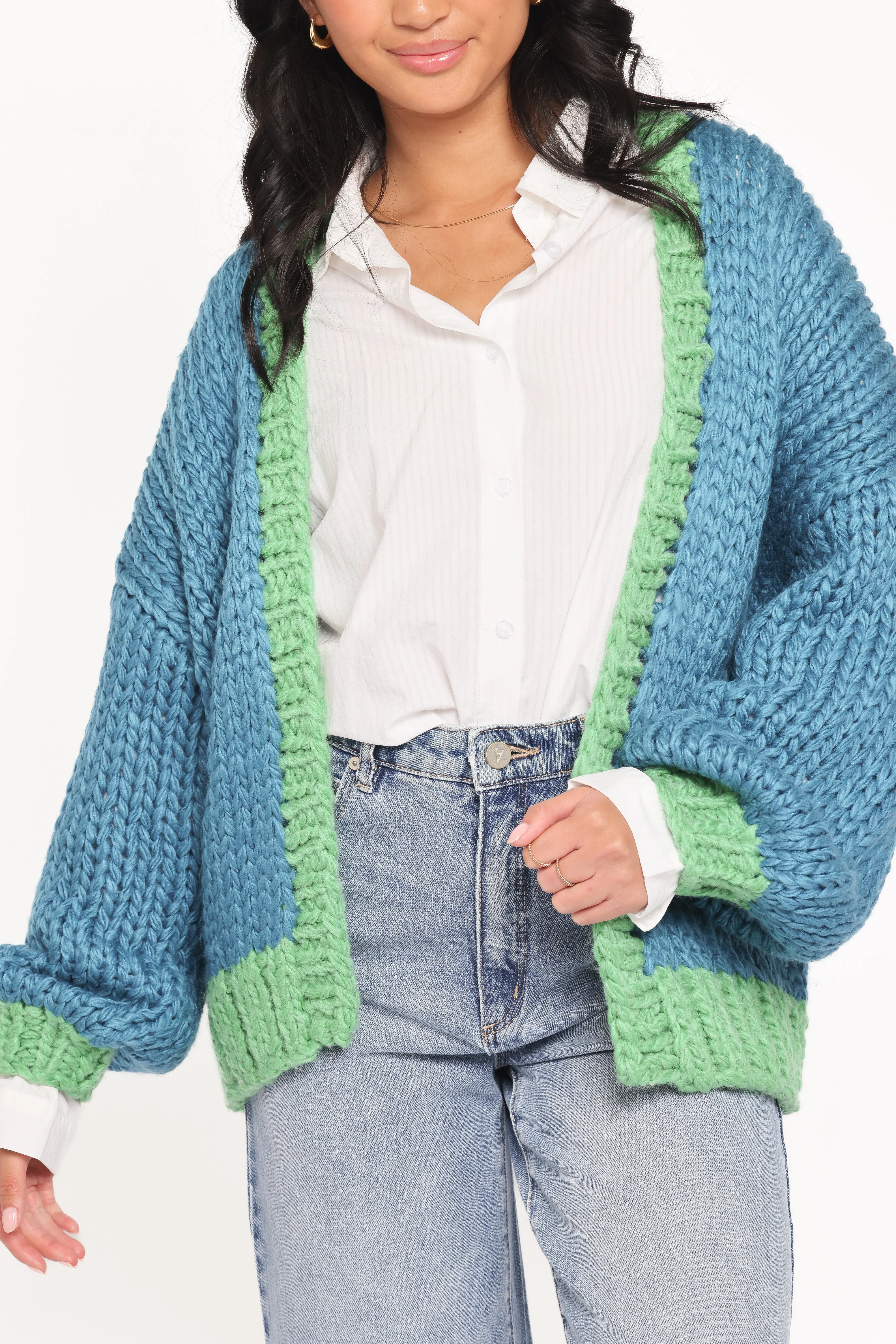 Anige Contrast Trim Cardigan - Blue/Green sold by Petal & Pup product image thumbnail 2