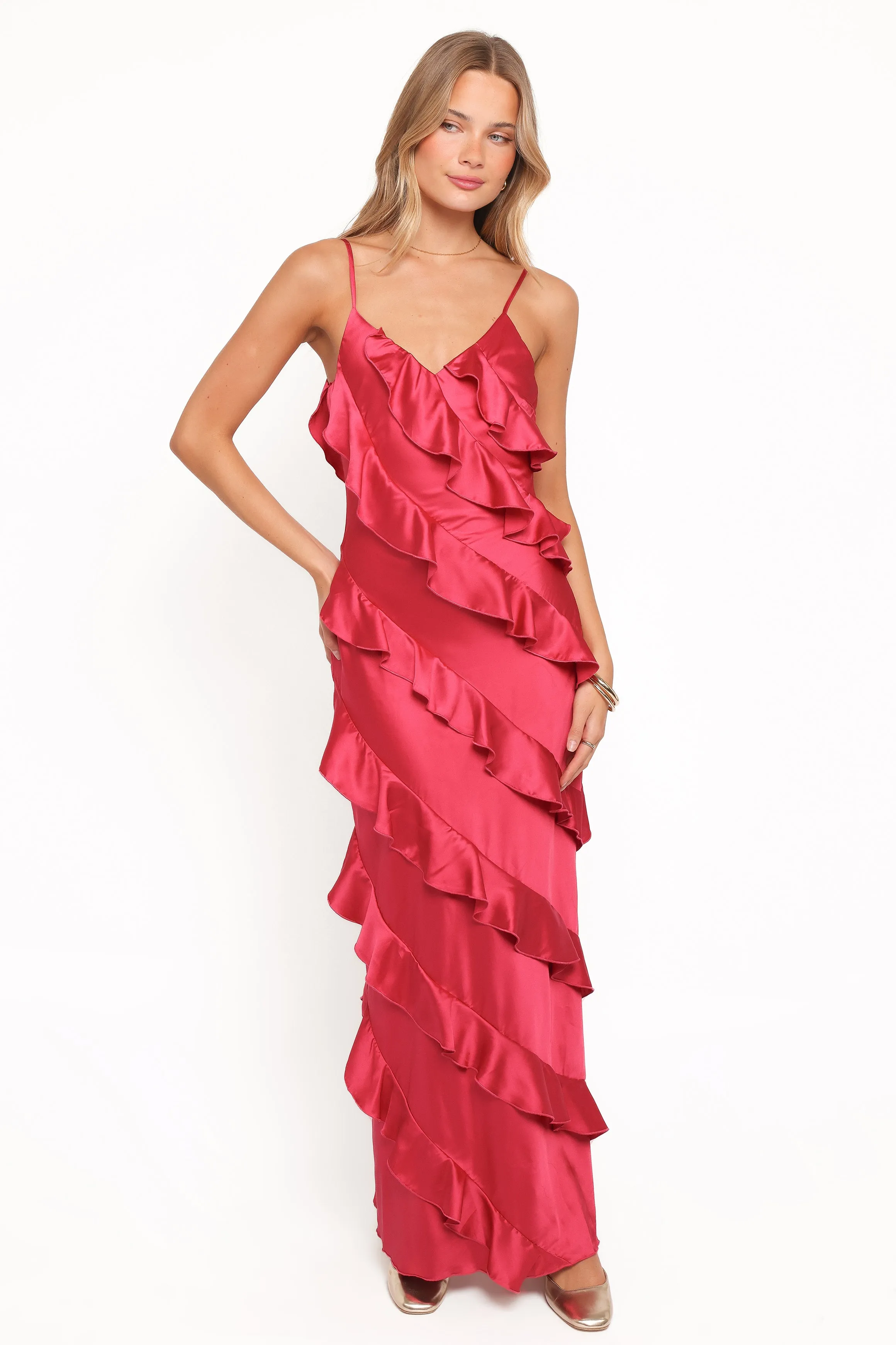 Ciao Ruffles Maxi Satin Dress - Fuchsia sold by Petal & Pup