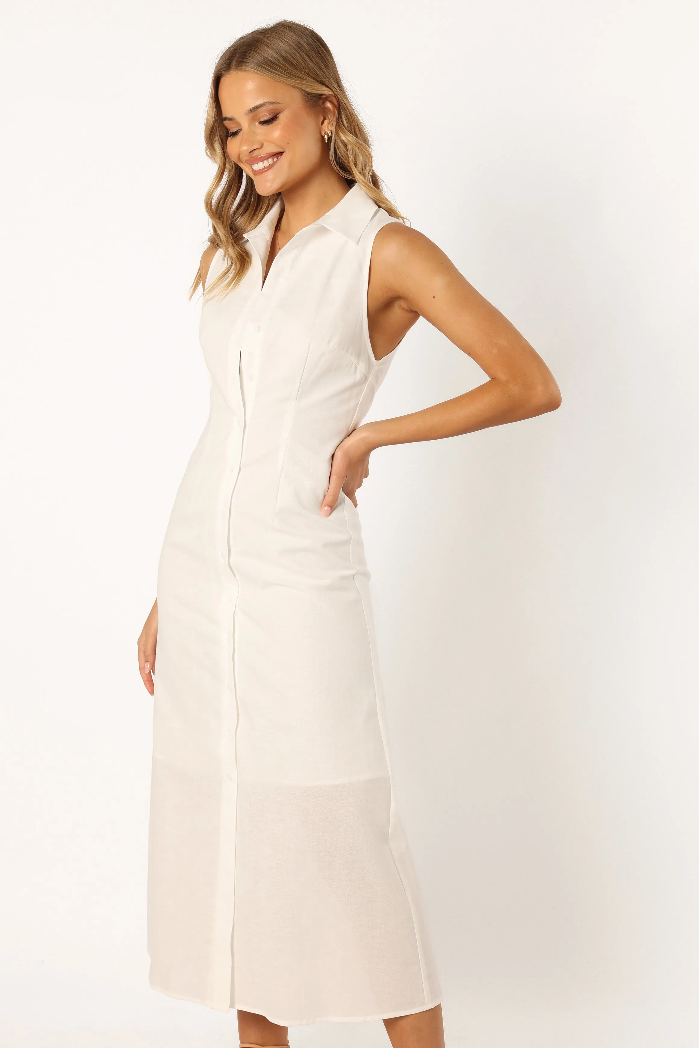 Sana Button Down Midi Dress - White sold by Petal & Pup