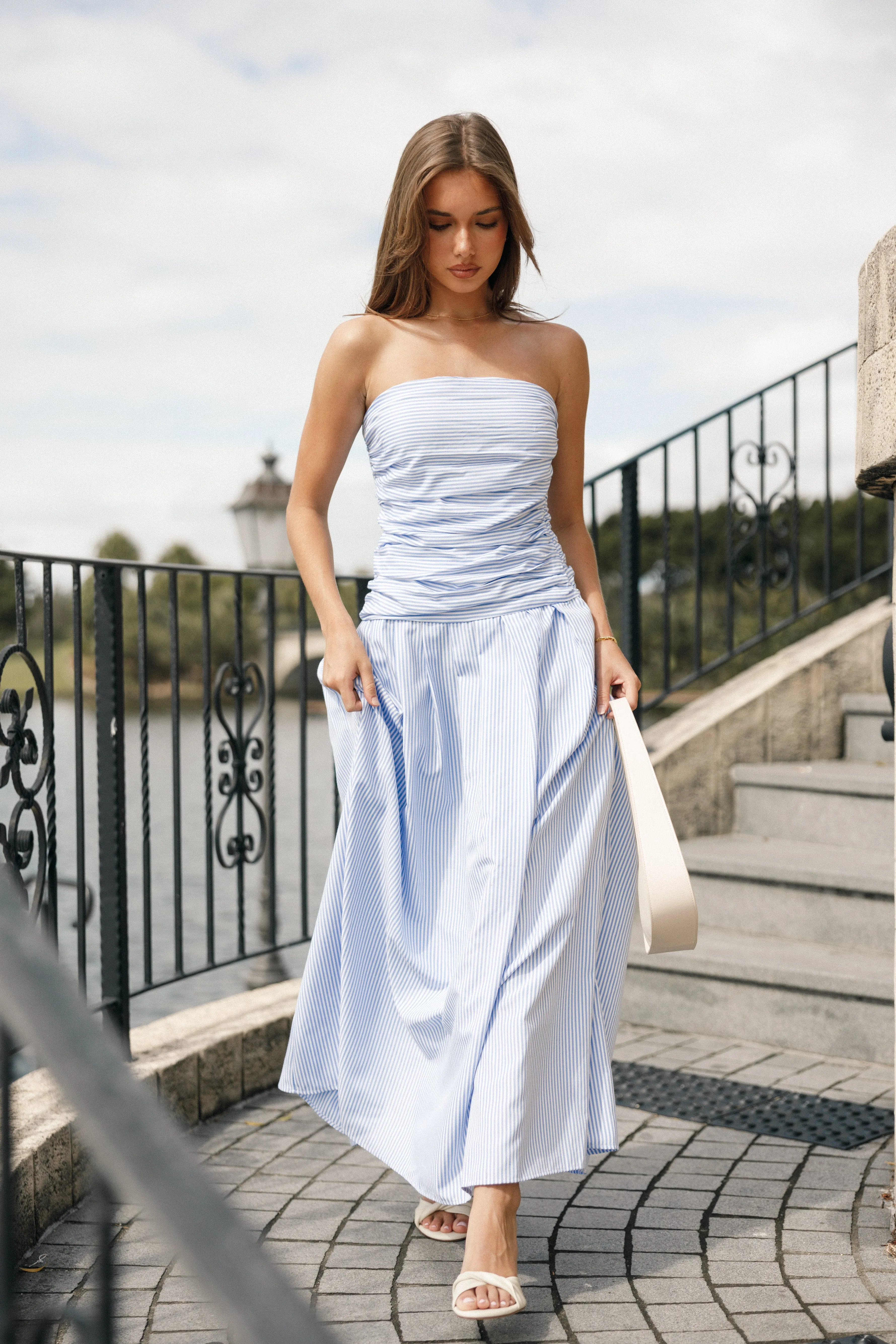 Avalee Strapless Maxi Dress - Blue Stripe sold by Petal & Pup