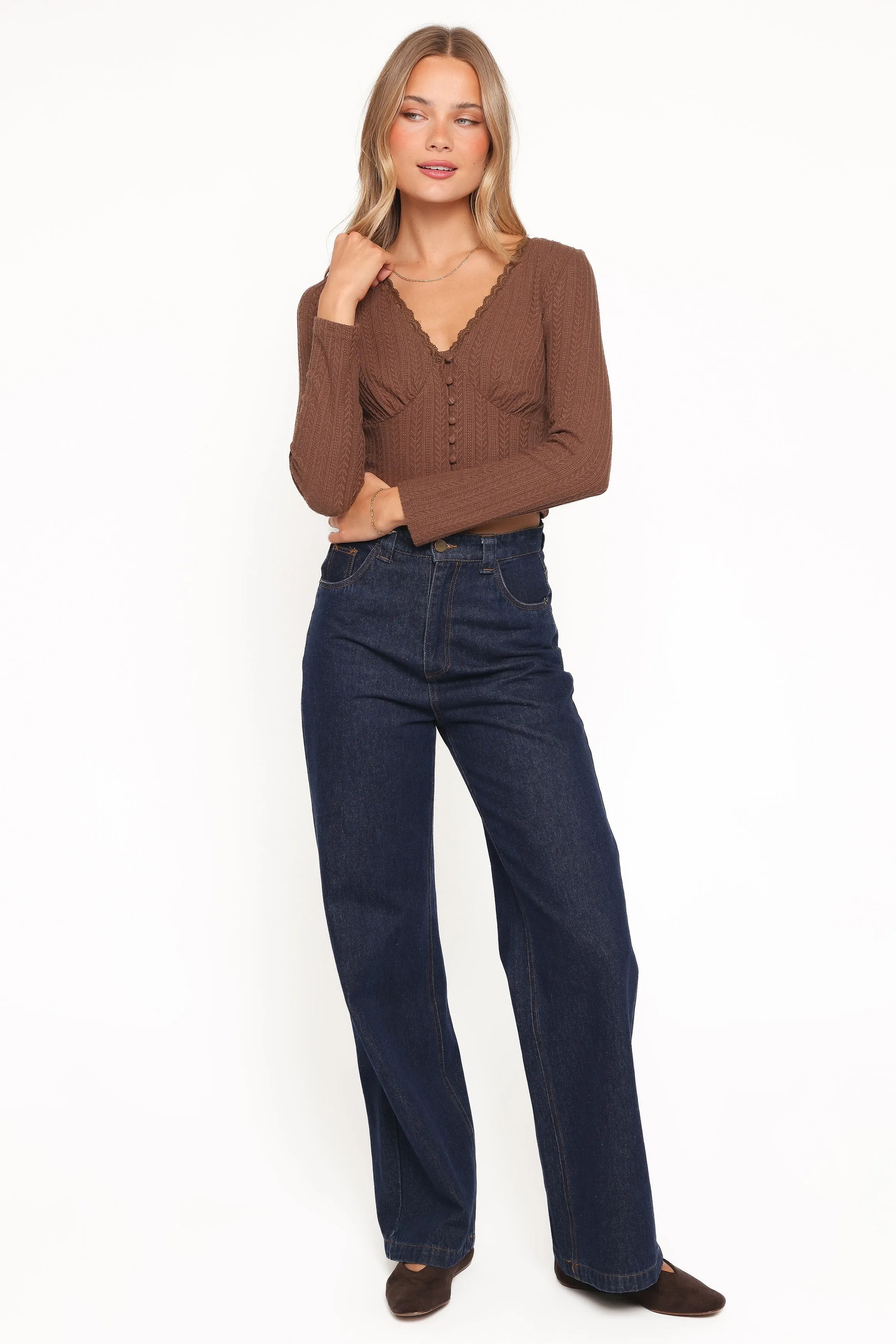 Leslie Long Sleeve Textured Button Front Top - Chocolate sold by Petal & Pup product image thumbnail 5