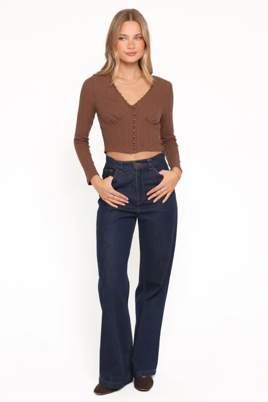 Leslie Long Sleeve Textured Button Front Top - Chocolate made by Petal & Pup