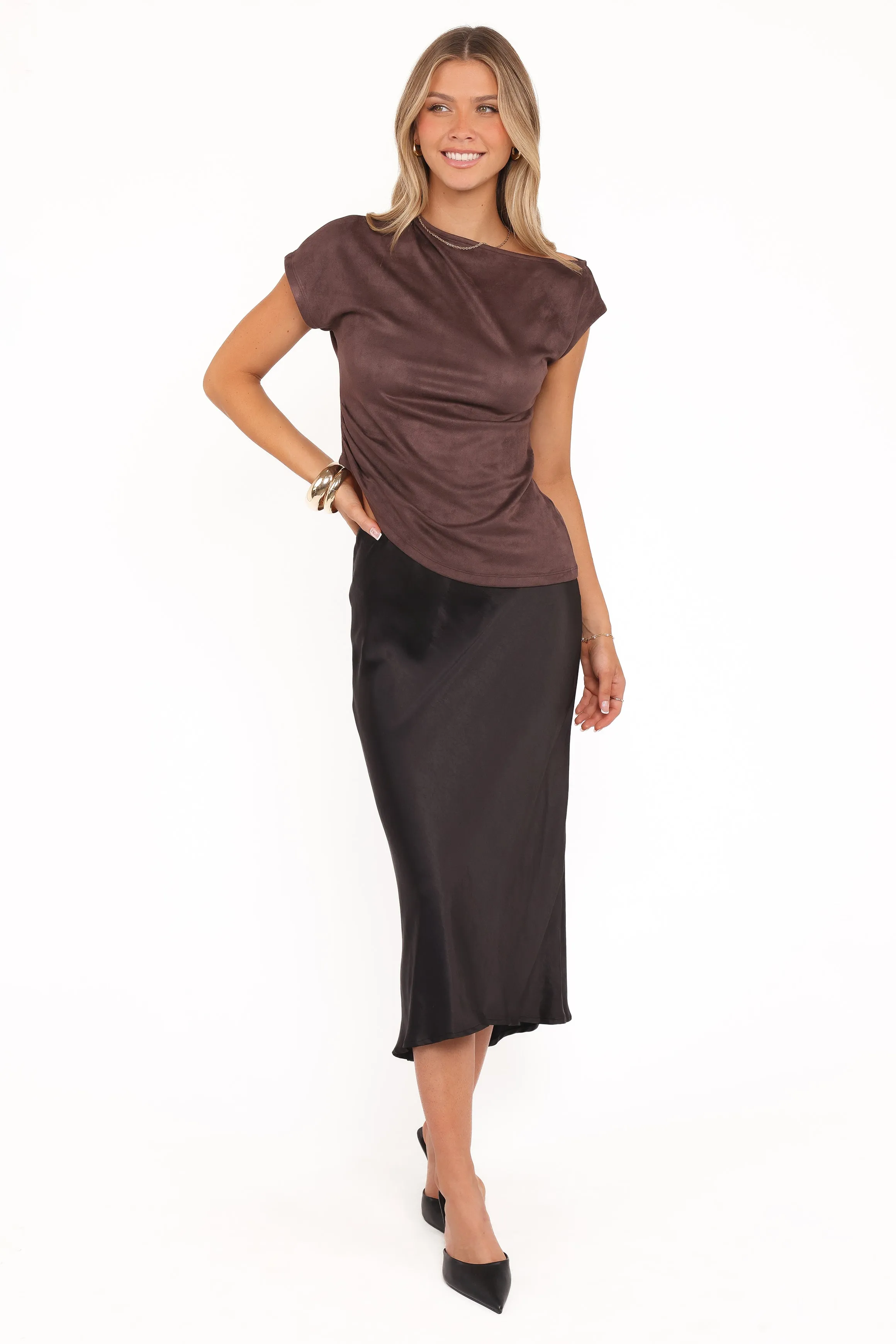 Vaila Faux Suede Off Shoulder Top - Chocolate sold by Petal & Pup product image thumbnail 2