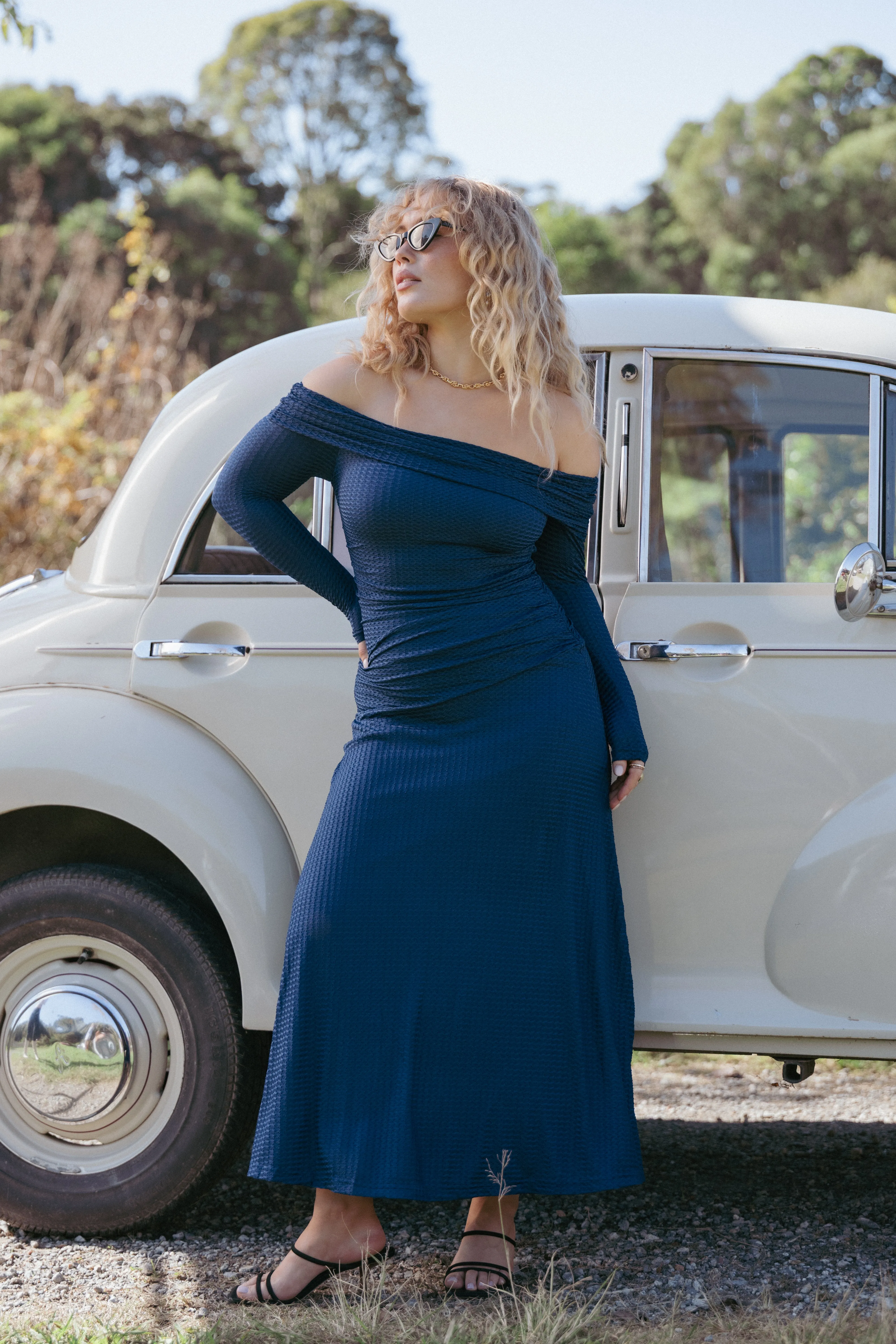 Katiya Off Shoulder Dress - Navy sold by Petal & Pup