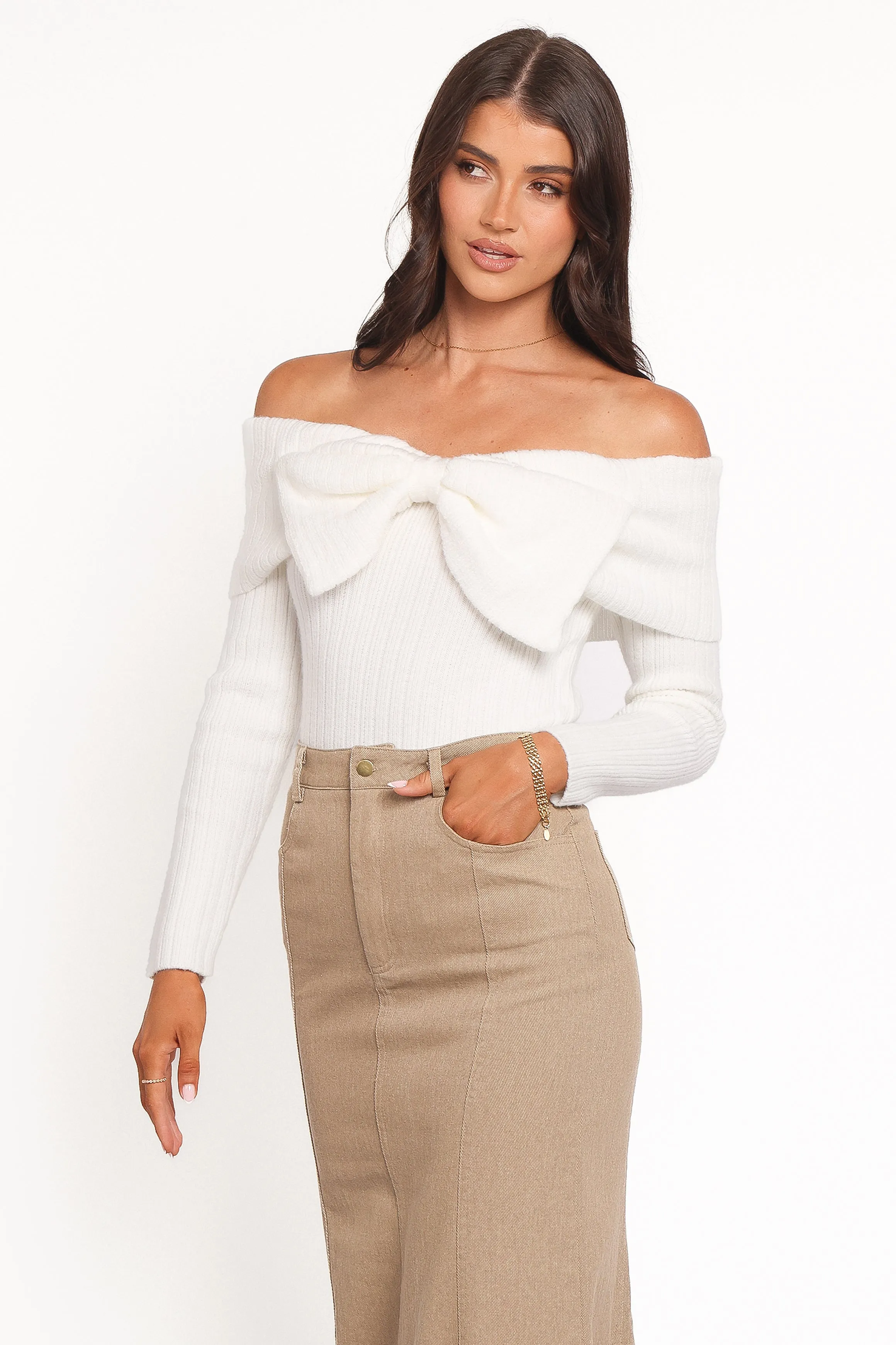 Helene Bow Off Shoulder Knit Sweater - Ivory sold by Petal & Pup product image thumbnail 4