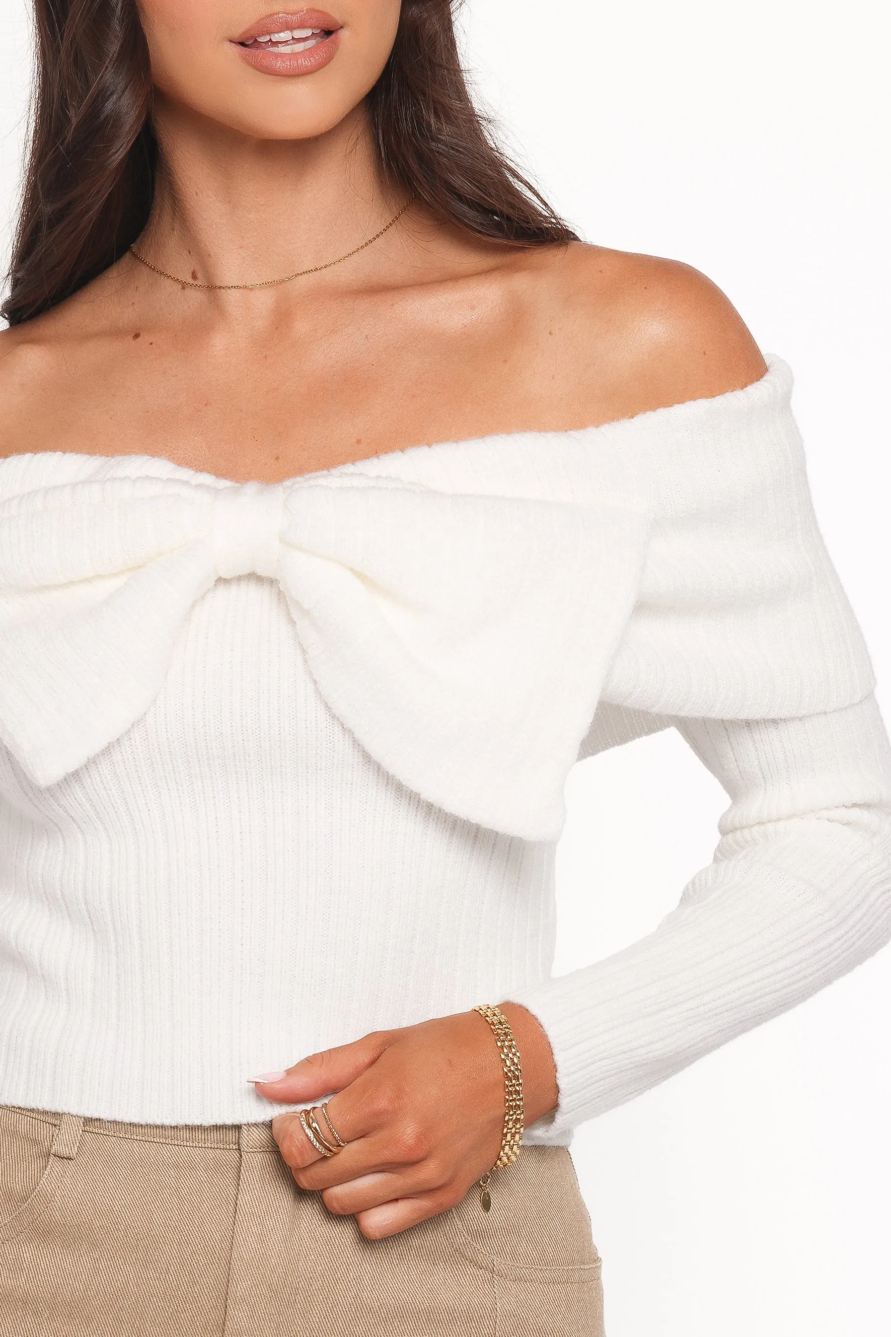 Helene Bow Off Shoulder Knit Sweater - Ivory sold by Petal & Pup product image thumbnail 2