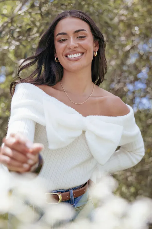 Helene Bow Off Shoulder Knit Sweater - Ivory made by Petal & Pup