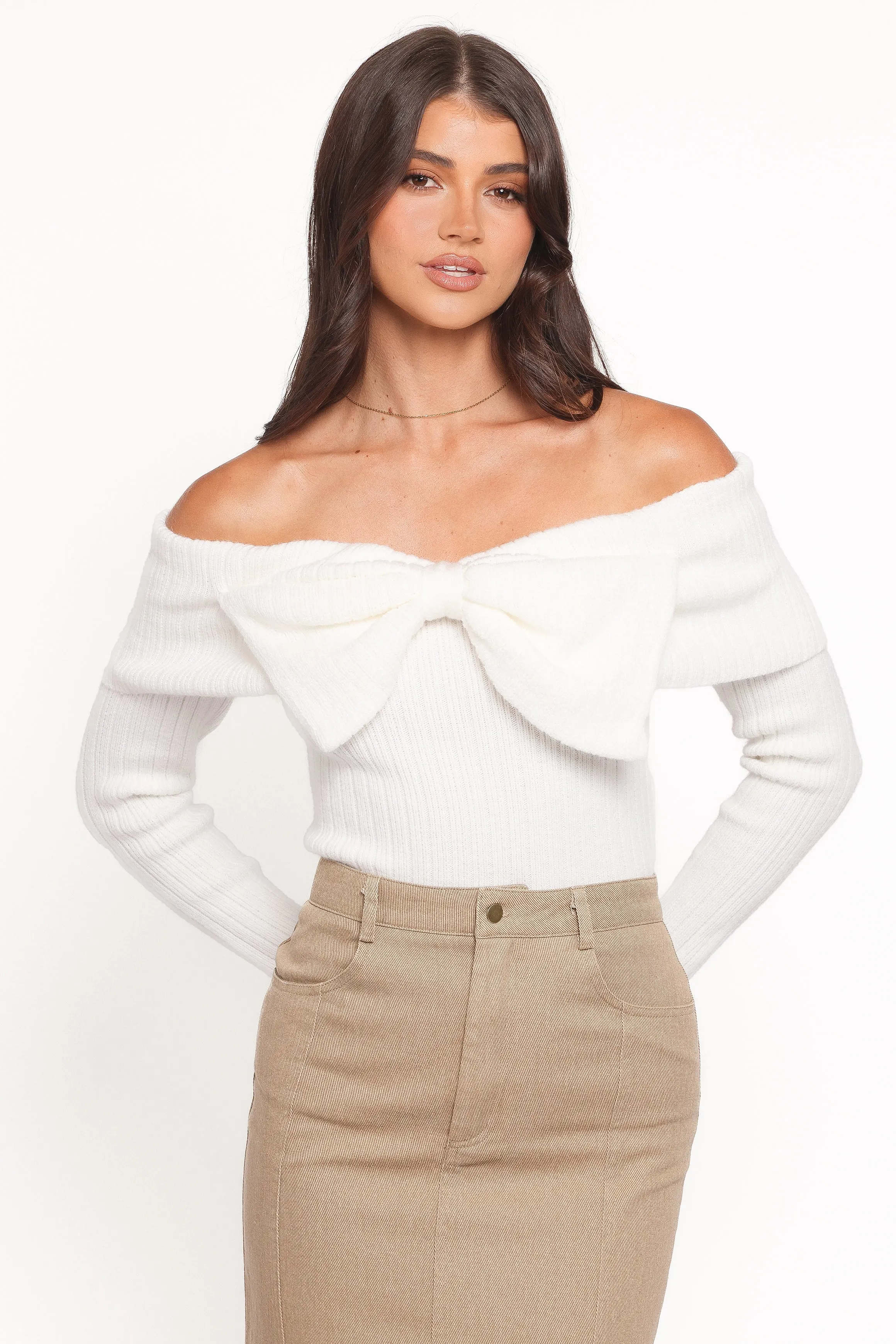 Helene Bow Off Shoulder Knit Sweater - Ivory sold by Petal & Pup product image thumbnail 3
