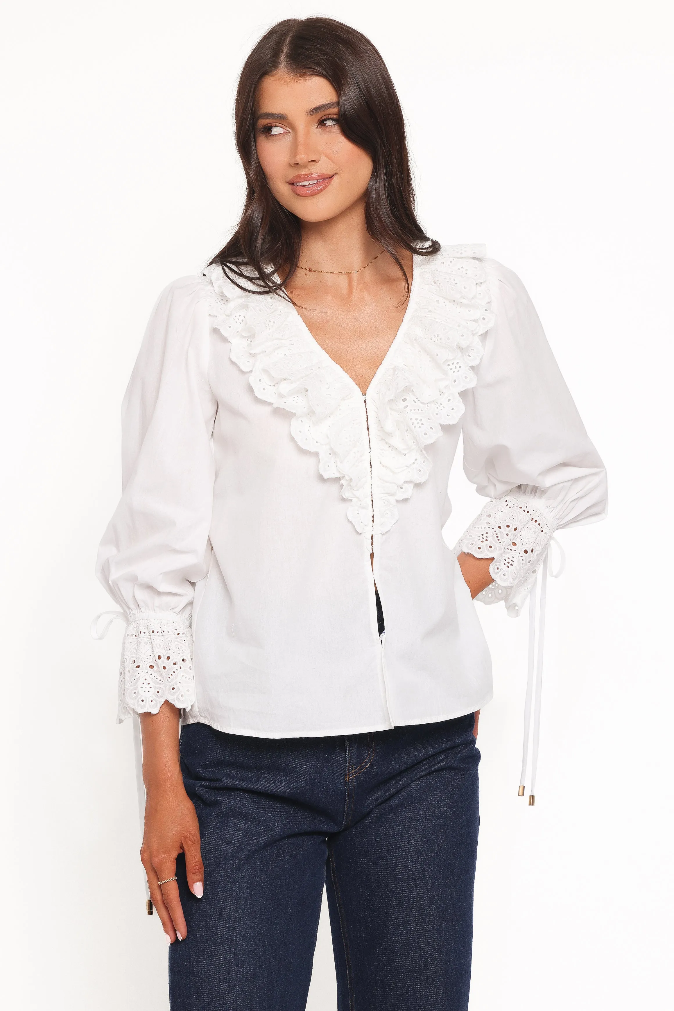 Aelwen Ruffle Blouse - White Embroidery sold by Petal & Pup