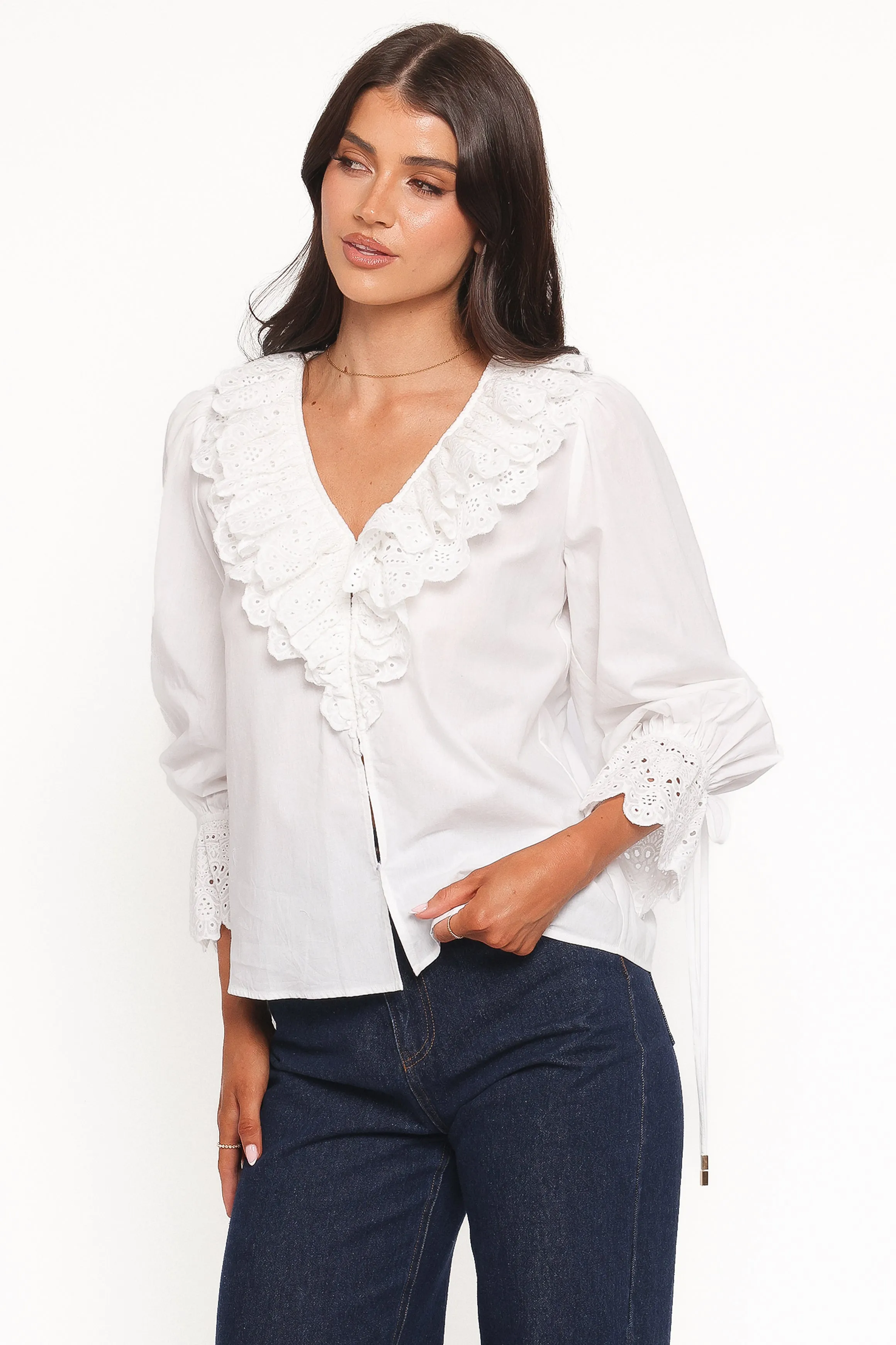 Aelwen Ruffle Blouse - White Embroidery sold by Petal & Pup product image thumbnail 5