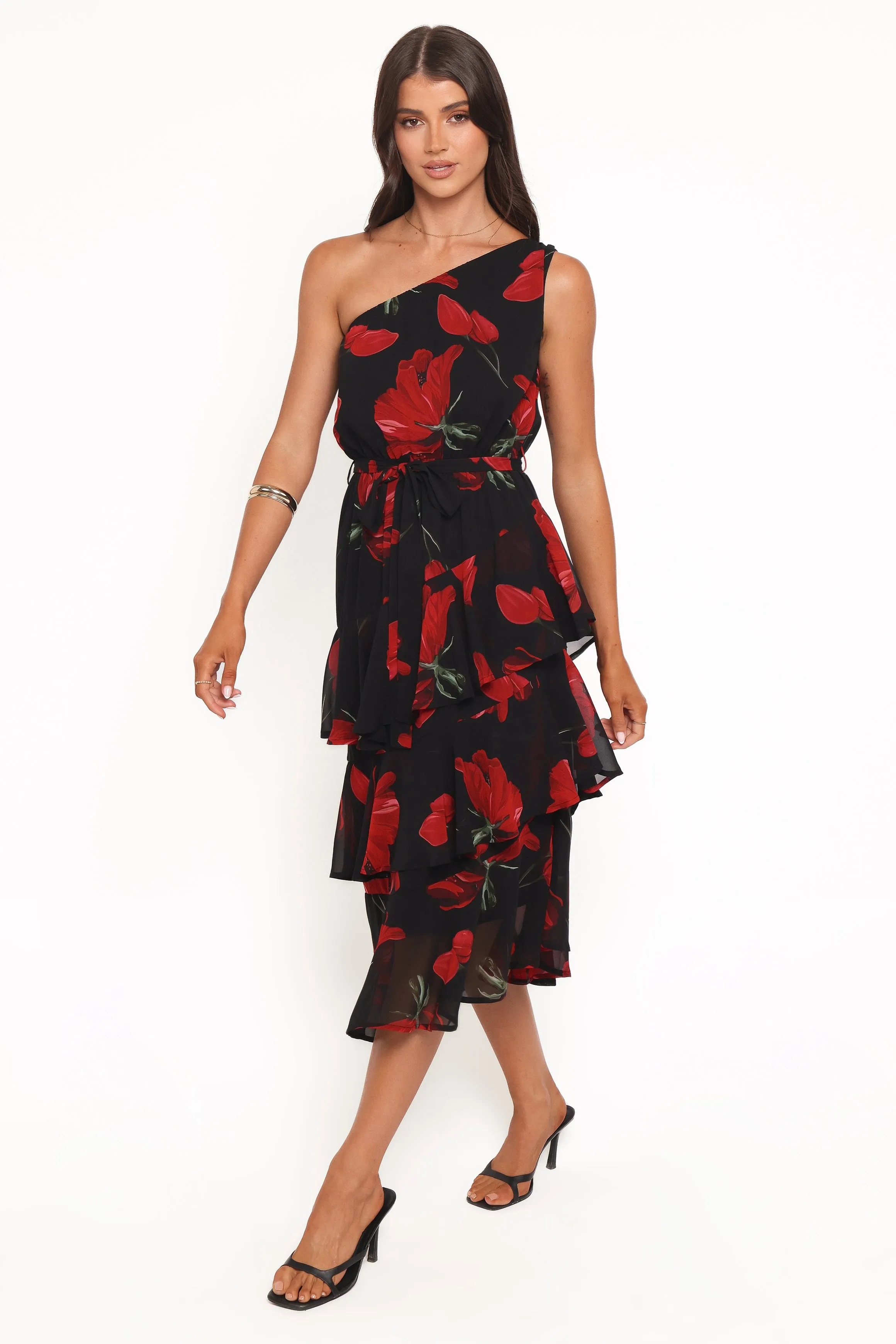 Brigette One Shoulder Tiered Midi Dress - Red Floral sold by Petal & Pup product image thumbnail 3