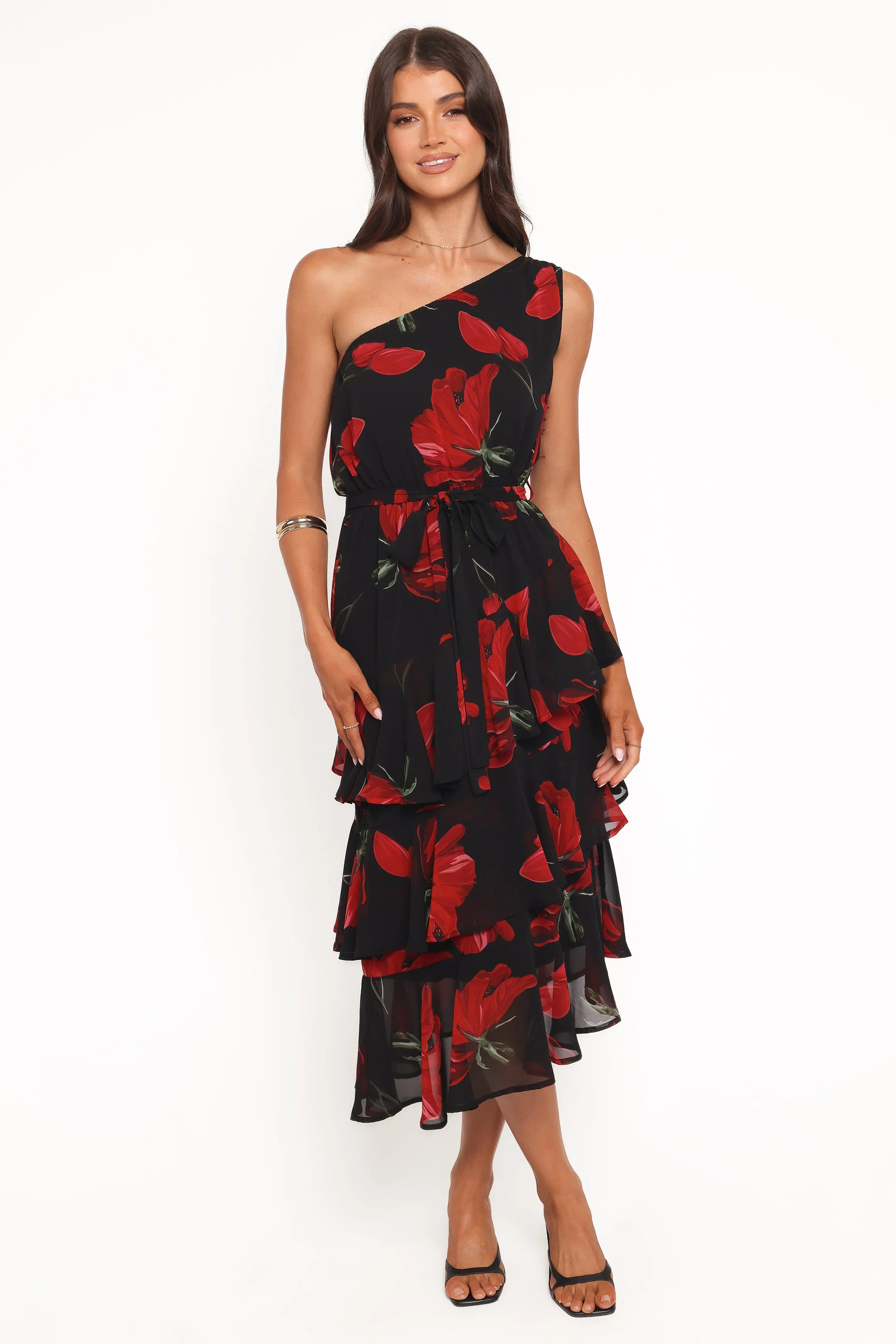 Brigette One Shoulder Tiered Midi Dress - Red Floral sold by Petal & Pup product image thumbnail 5