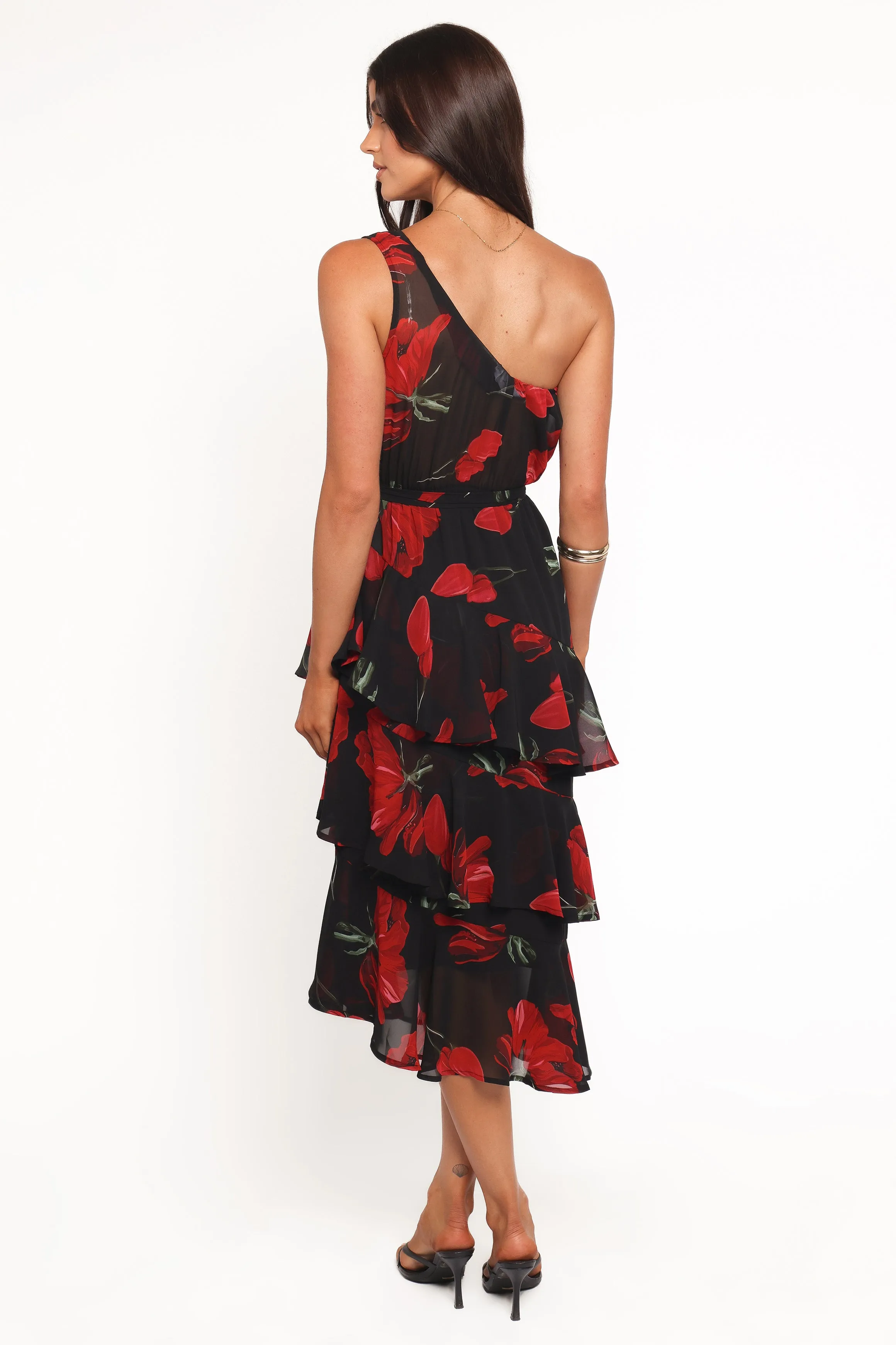 Brigette One Shoulder Tiered Midi Dress - Red Floral sold by Petal & Pup product image thumbnail 4