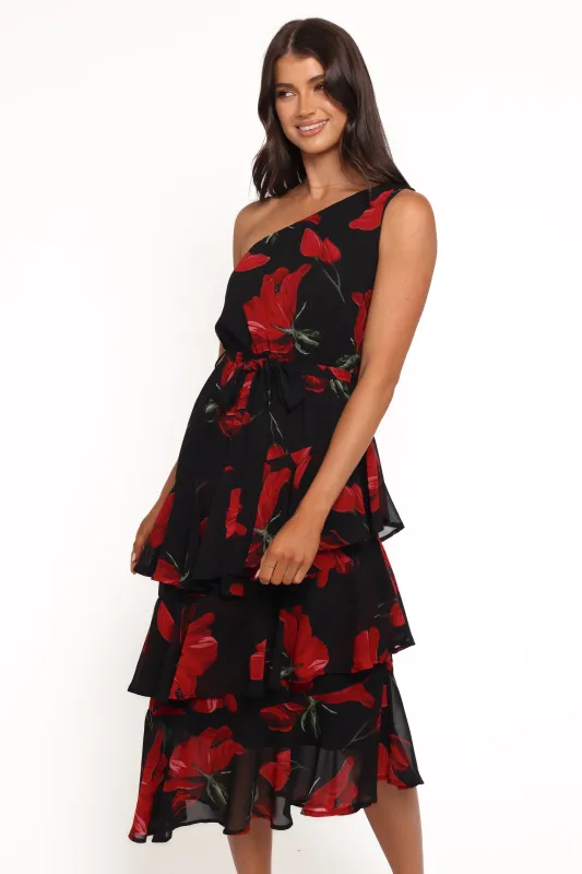 Brigette One Shoulder Tiered Midi Dress - Red Floral sold by Petal & Pup