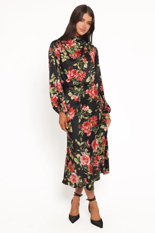Perrie Long Sleeve Midi Dress - Black Floral sold by Petal & Pup