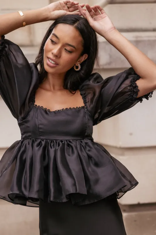 Solenne Puff Sleeve Peplum Organza Top - Black sold by Petal & Pup