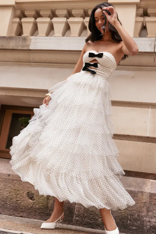 Kelari Strapless Midi Dress - Cream Polka Dot sold by Petal & Pup