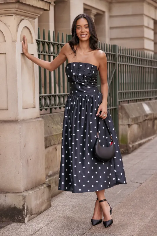 Kimbra Strapless Midi Dress - Black Polka Dot sold by Petal & Pup