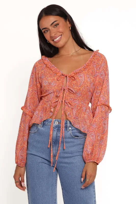 Isolt Tie Front Top - Orange Paisley sold by Petal & Pup